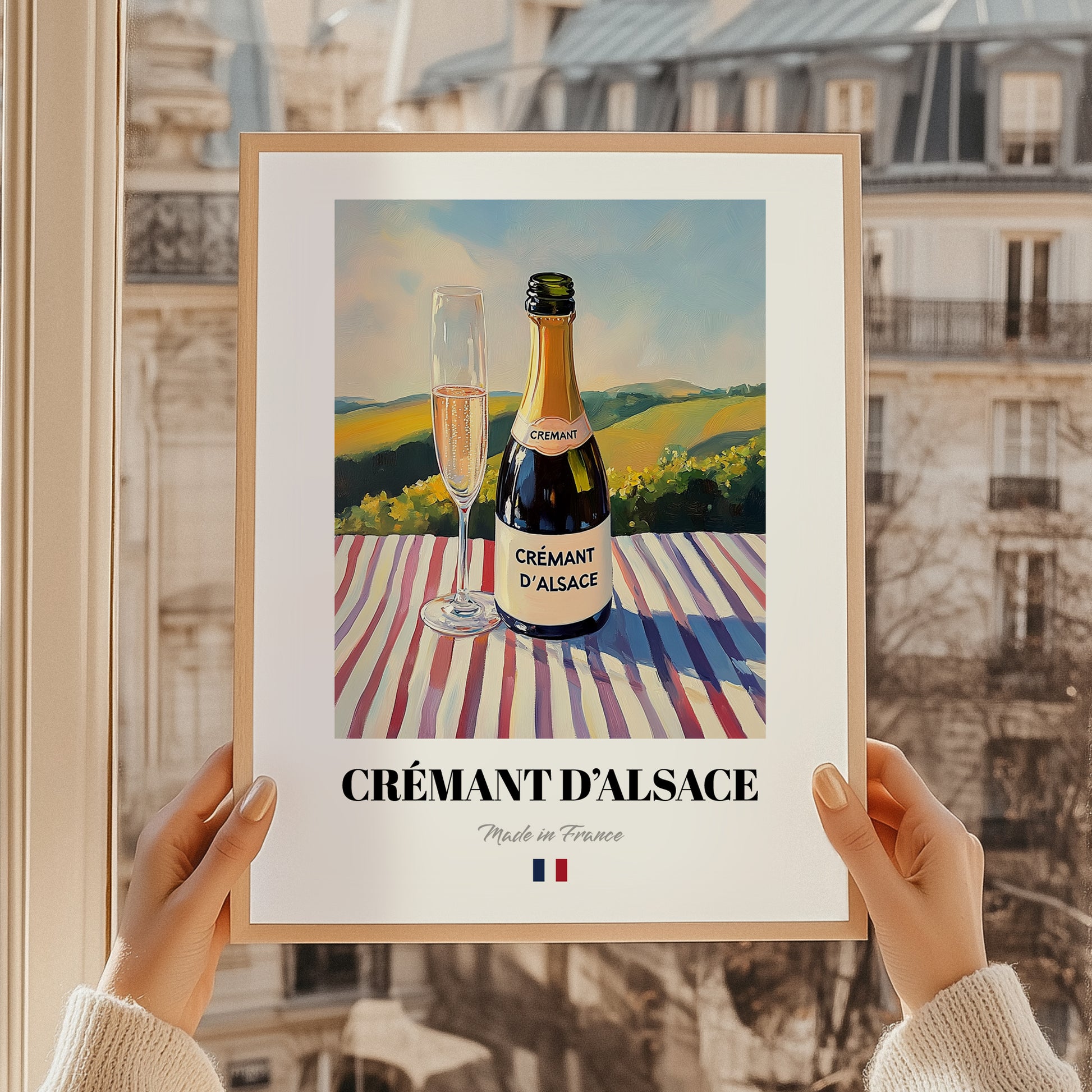 Crémant d'Alsace – French Sparkling Wine, Vineyard Terrace Wall Art, styled in a charming Paris street view