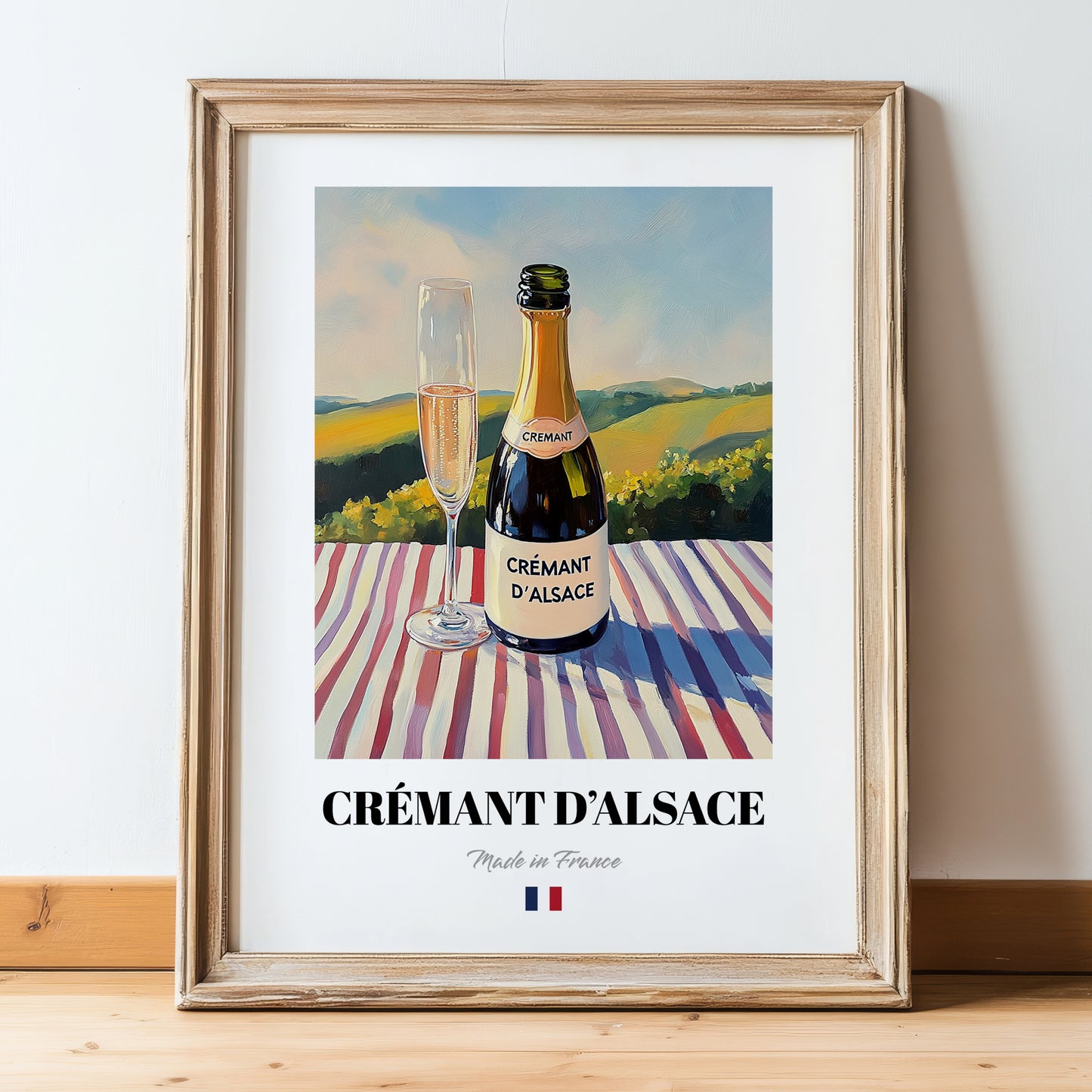 Crémant d'Alsace – French Sparkling Wine, Vineyard Terrace Wall Art, in wooden frame leaning on the floor