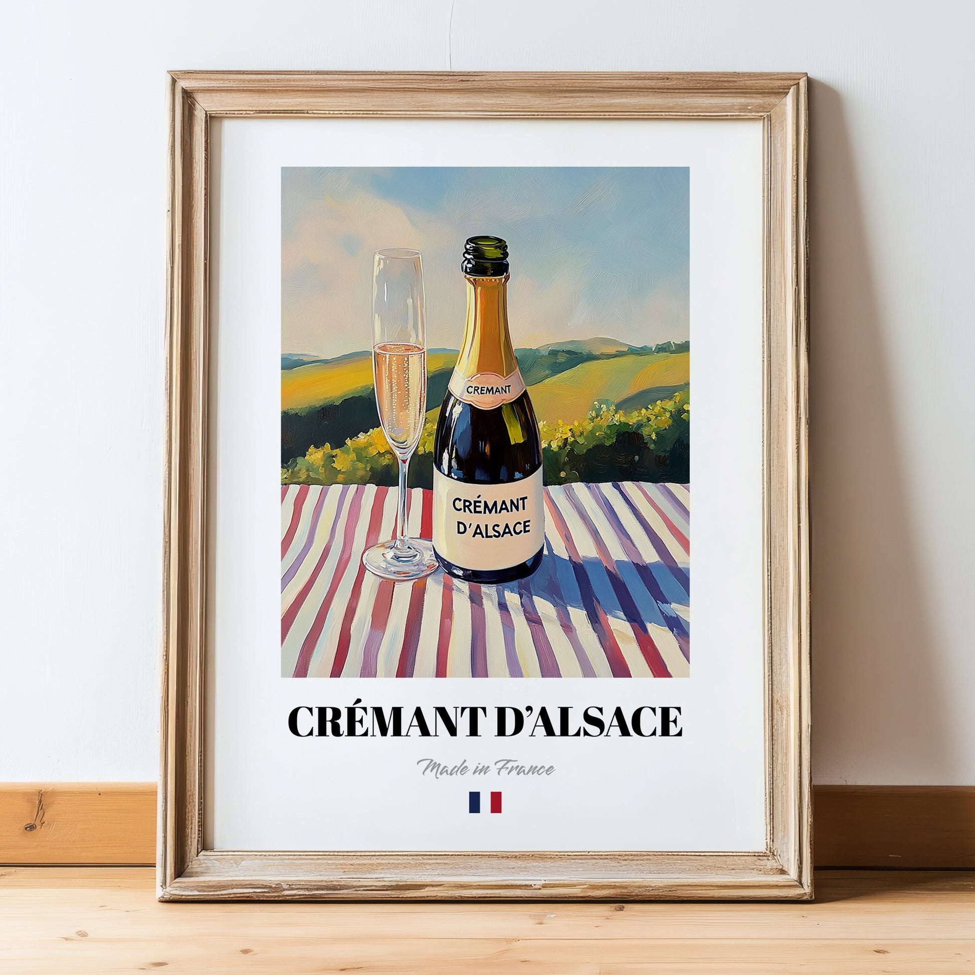 Crémant d'Alsace – French Sparkling Wine, Vineyard Terrace Wall Art, in wooden frame leaning on the floor