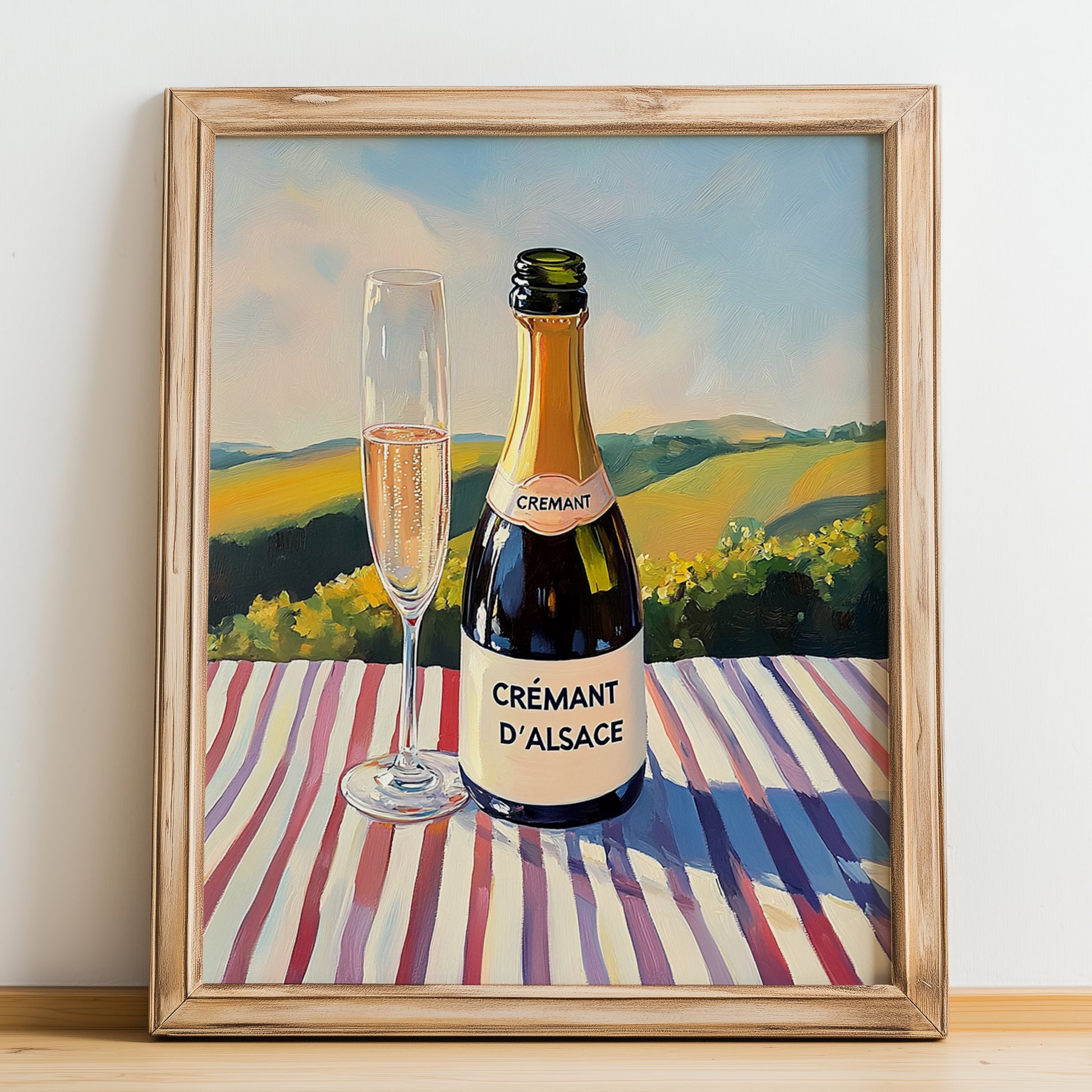 Crémant d'Alsace – French Sparkling Wine, Vineyard Terrace Wall Art, no-text version framed in wood