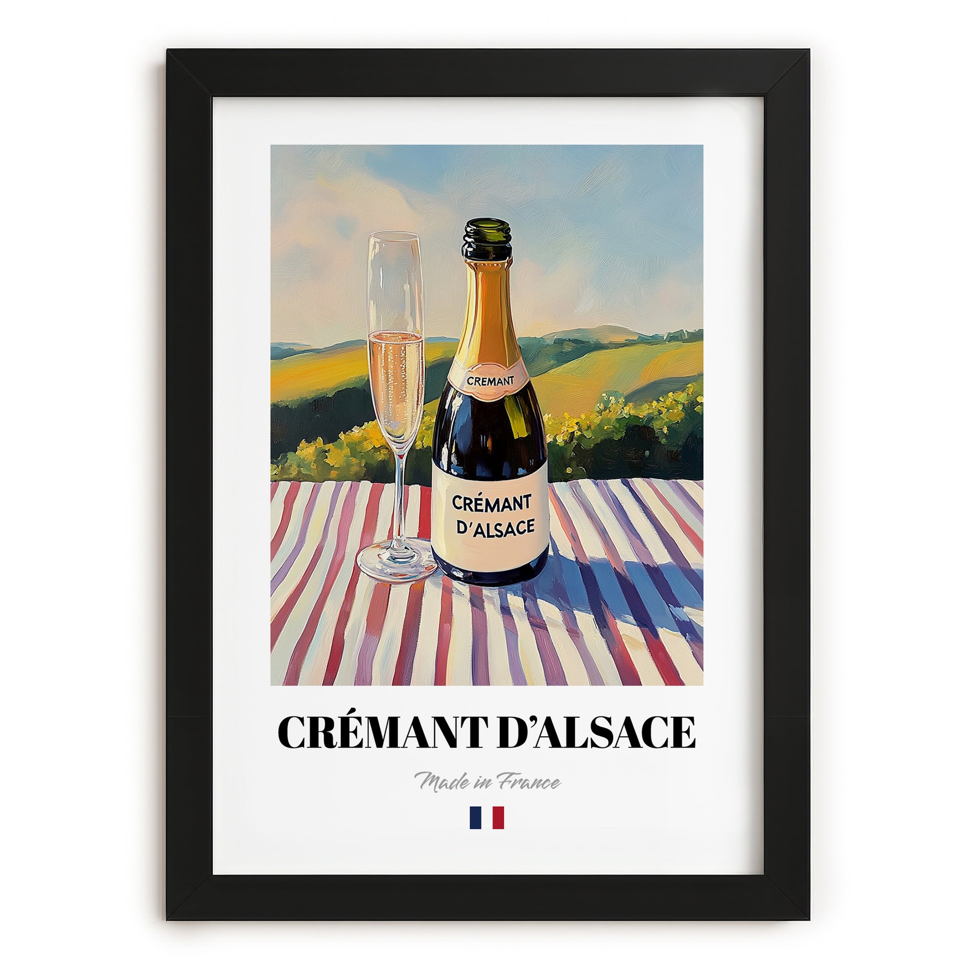Crémant d'Alsace – French Sparkling Wine, Vineyard Terrace Wall Art, in sleek black frame