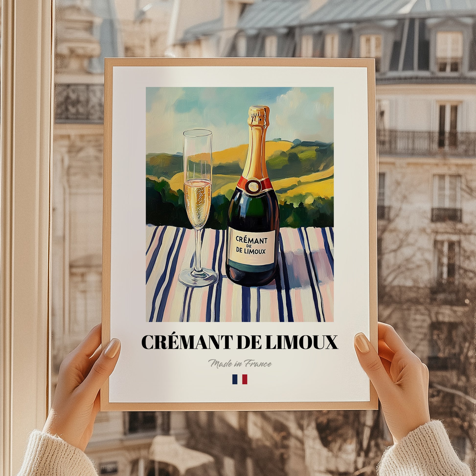 Crémant de Limoux – French Sparkling Wine, Wine Bar Print, styled in a charming Paris street view