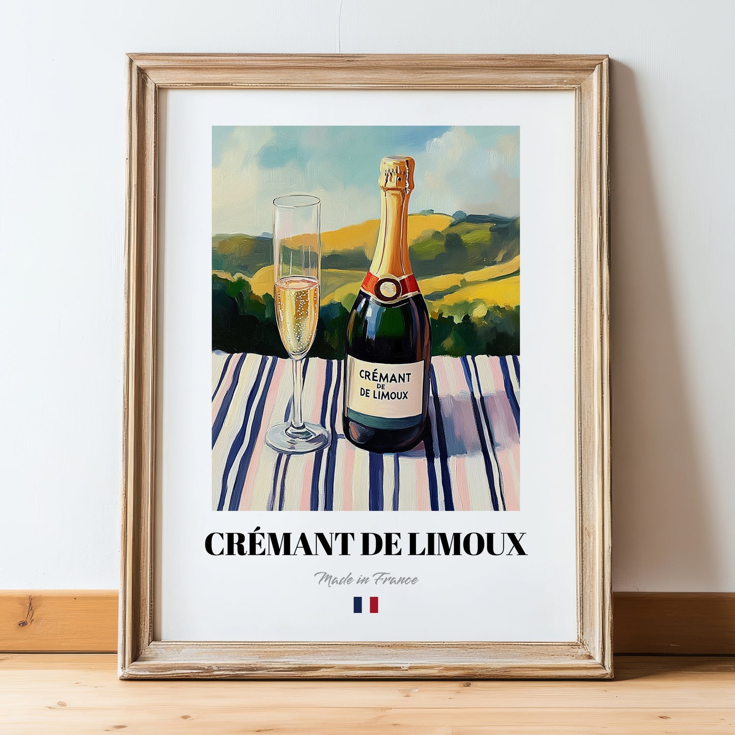 Crémant de Limoux – French Sparkling Wine, Wine Bar Print, in wooden frame leaning on the floor