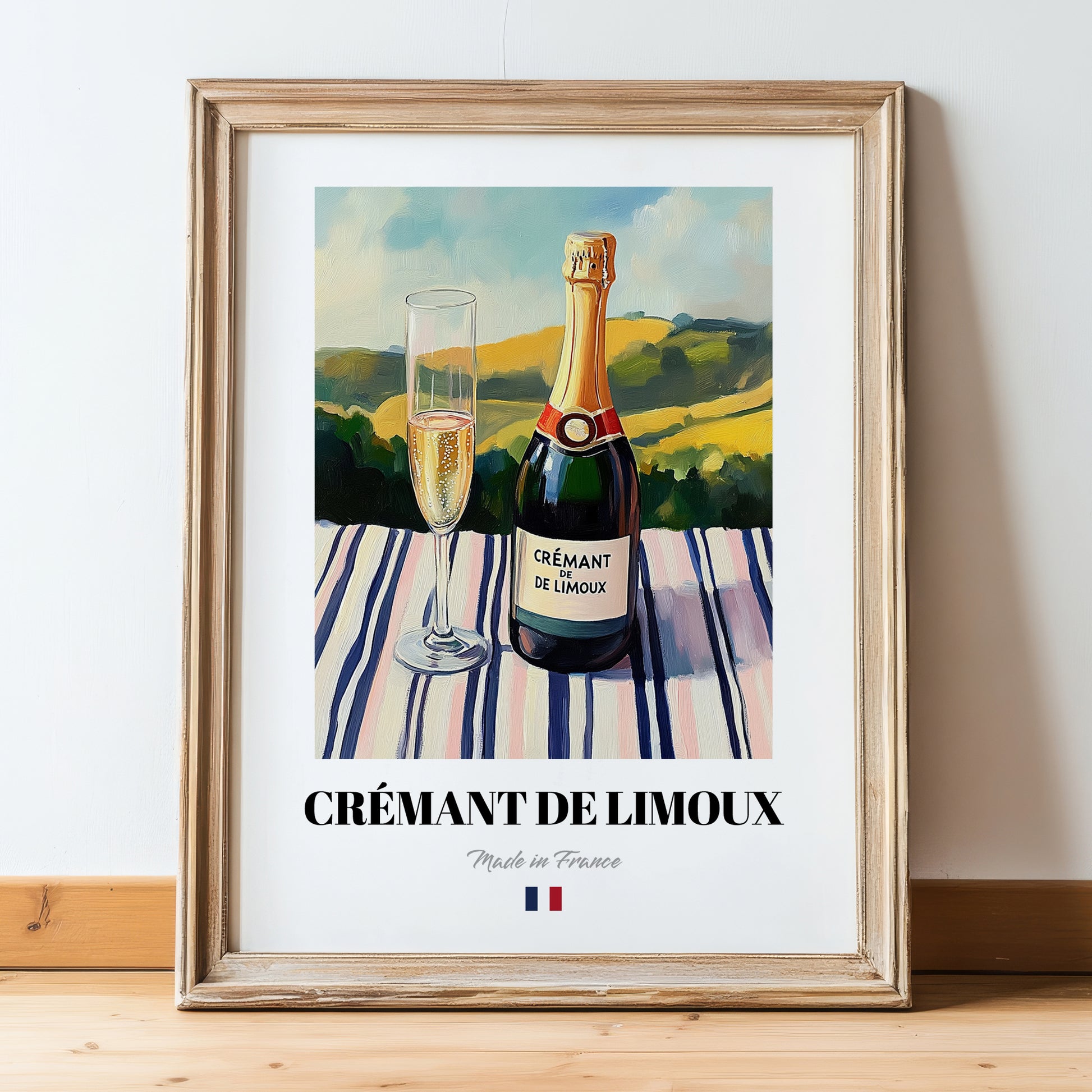 Crémant de Limoux – French Sparkling Wine, Wine Bar Print, in wooden frame leaning on the floor