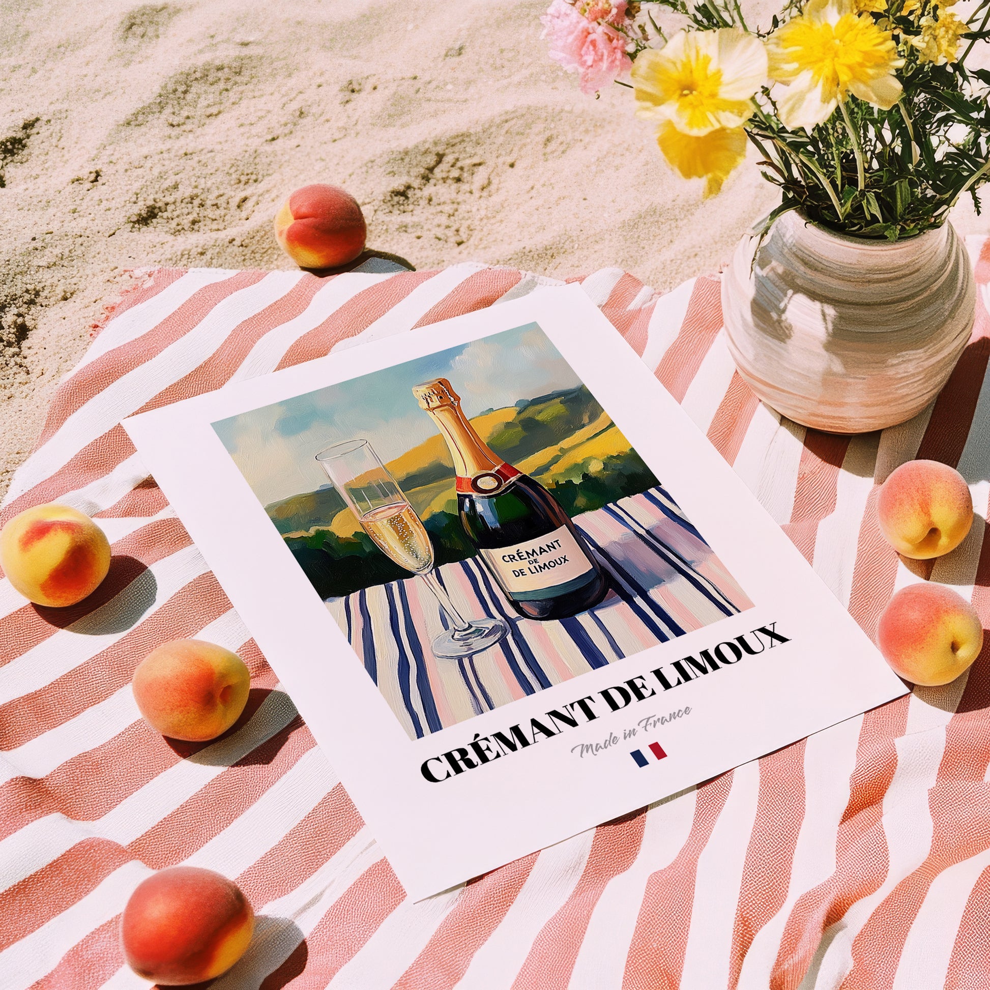 Crémant de Limoux – French Sparkling Wine, Wine Bar Print, unframed on coastal sand