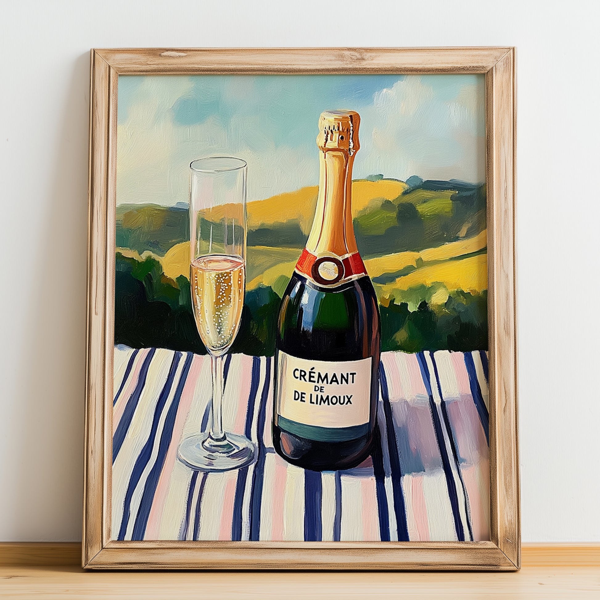 Crémant de Limoux – French Sparkling Wine, Wine Bar Print, no-text version framed in wood