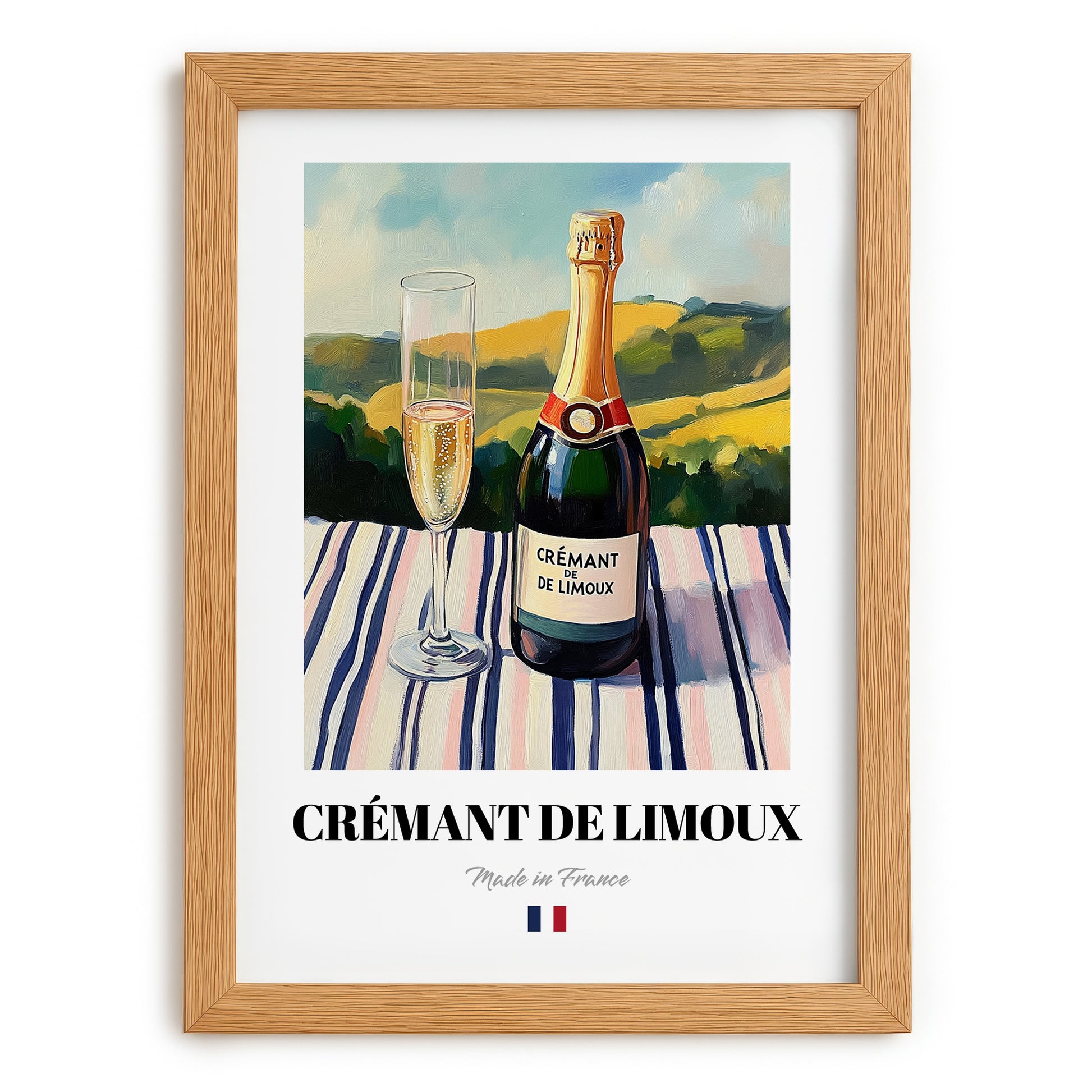 Crémant de Limoux – French Sparkling Wine, Wine Bar Print, set in oak frame