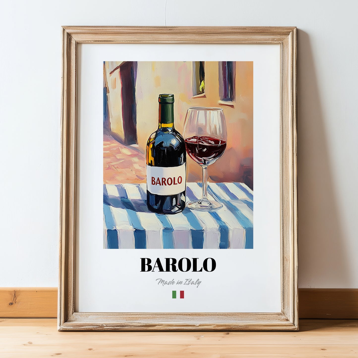Barolo – Italian Red Wine, Vinoteca Still Life, in wooden frame leaning on the floor