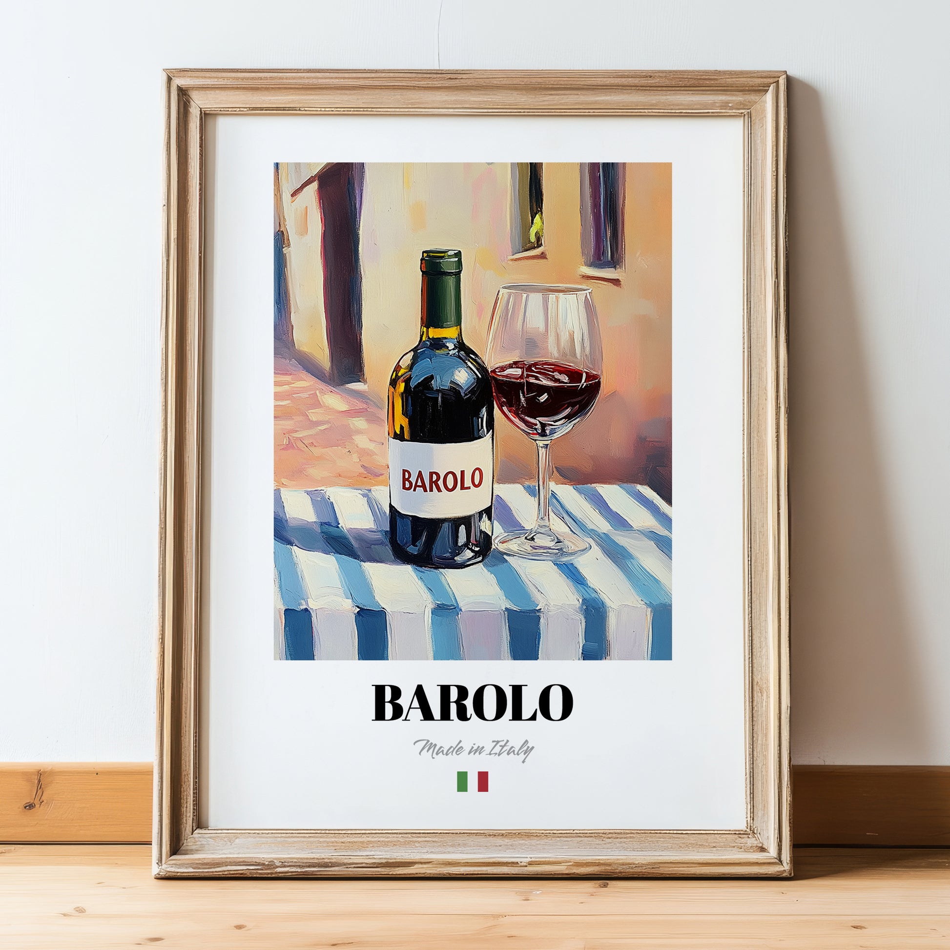 Barolo – Italian Red Wine, Vinoteca Still Life, in wooden frame leaning on the floor