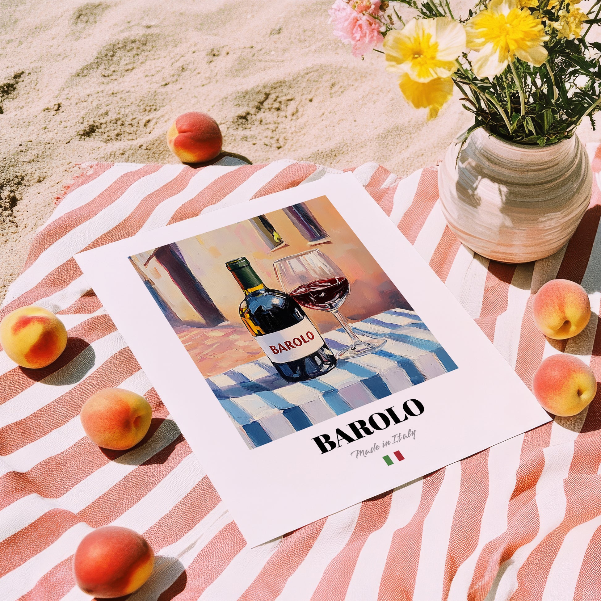 Barolo – Italian Red Wine, Vinoteca Still Life, unframed on coastal sand