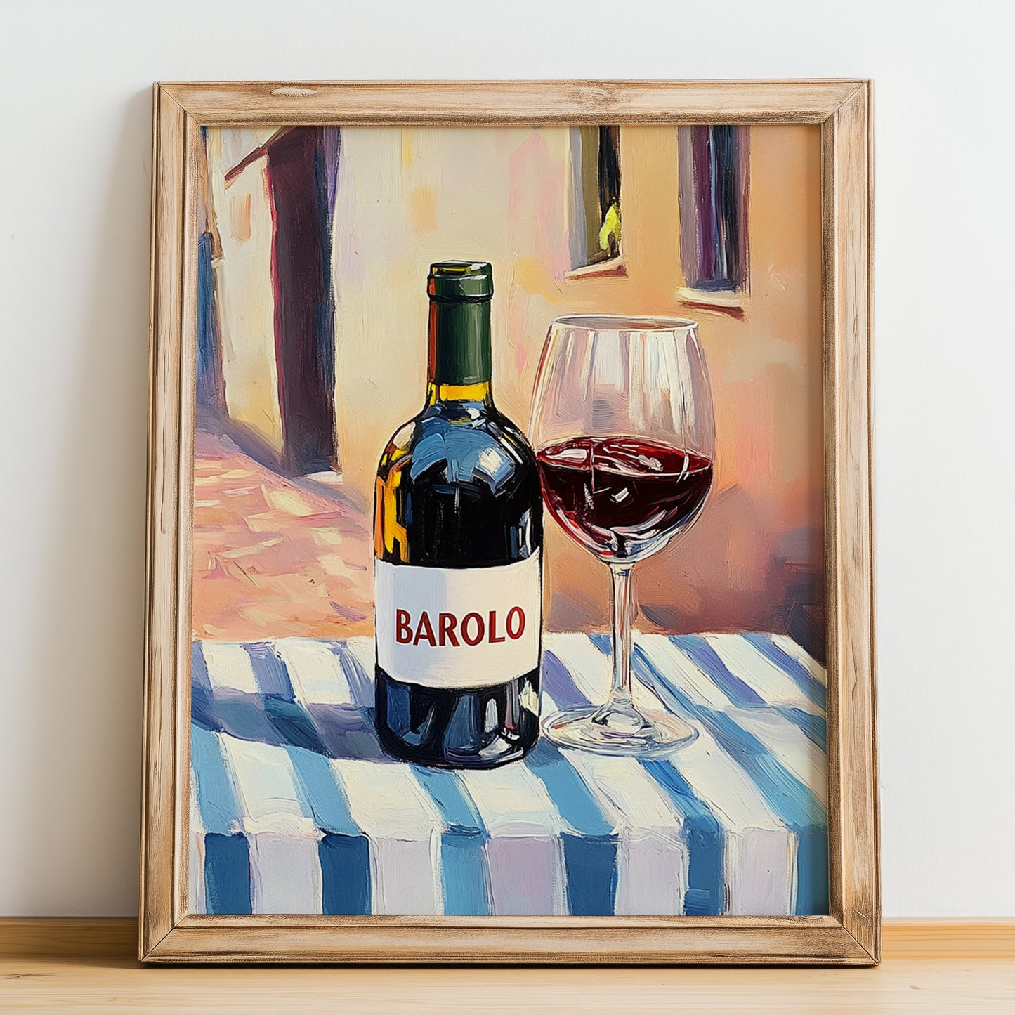Barolo – Italian Red Wine, Vinoteca Still Life, no-text version framed in wood