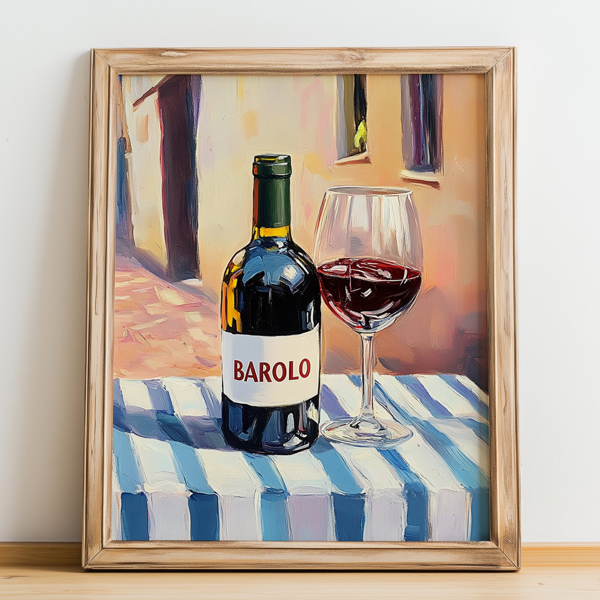 Barolo – Italian Red Wine, Vinoteca Still Life, no-text version framed in wood