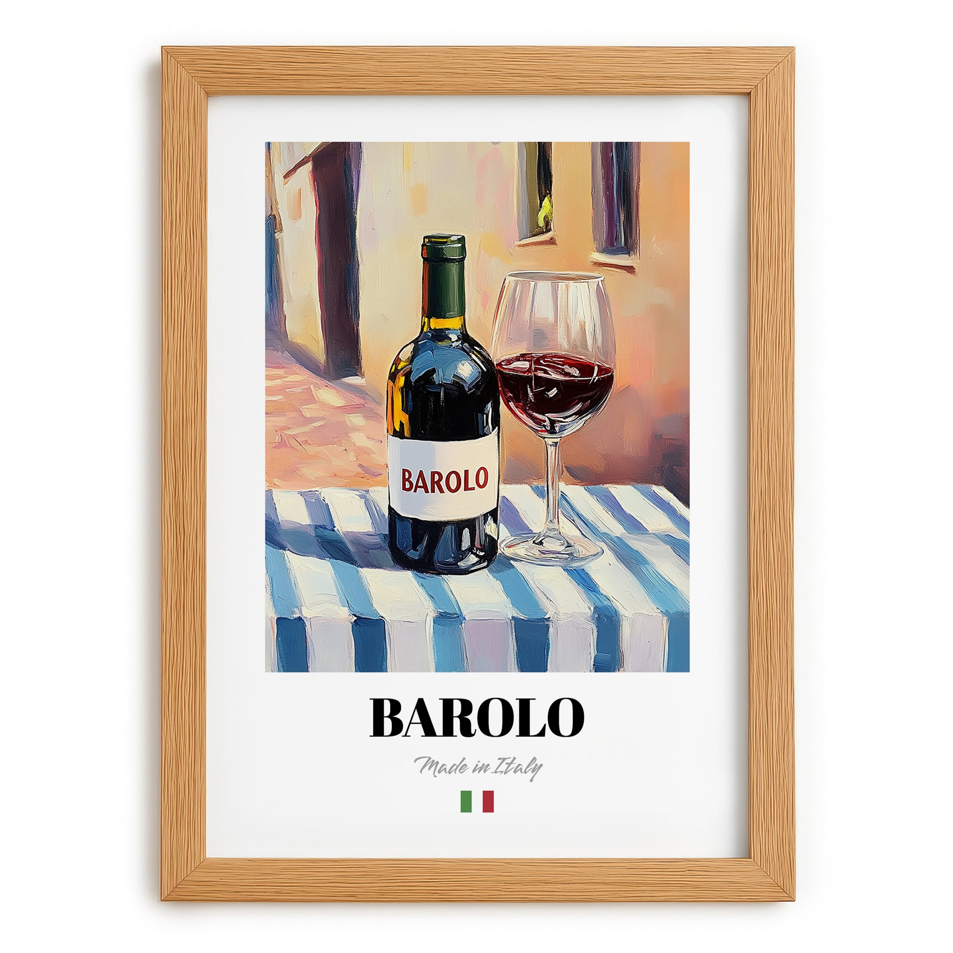 Barolo – Italian Red Wine, Vinoteca Still Life, set in oak frame