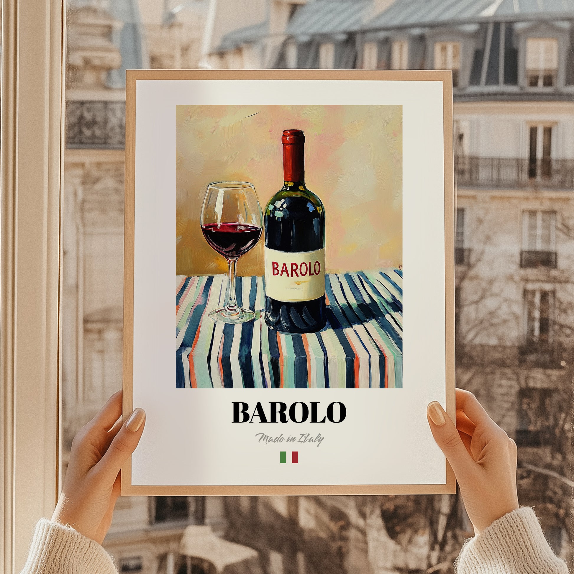 Barolo – Italian Red Wine, Wine Bar Print, styled in a charming Paris street view