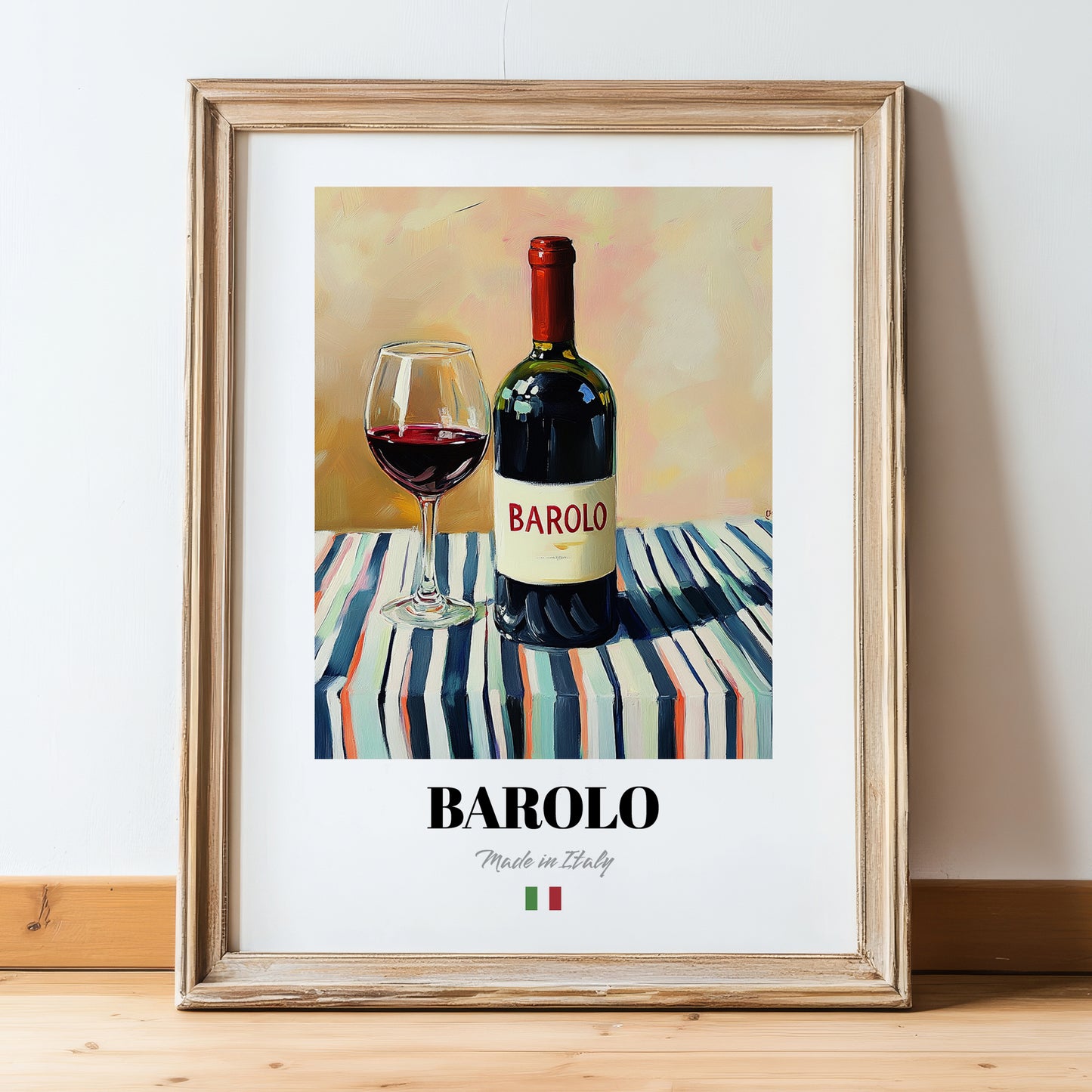 Barolo – Italian Red Wine, Wine Bar Print, in wooden frame leaning on the floor