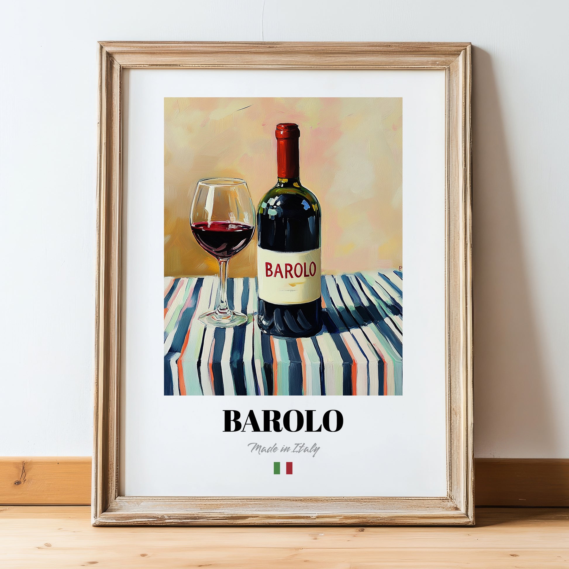 Barolo – Italian Red Wine, Wine Bar Print, in wooden frame leaning on the floor