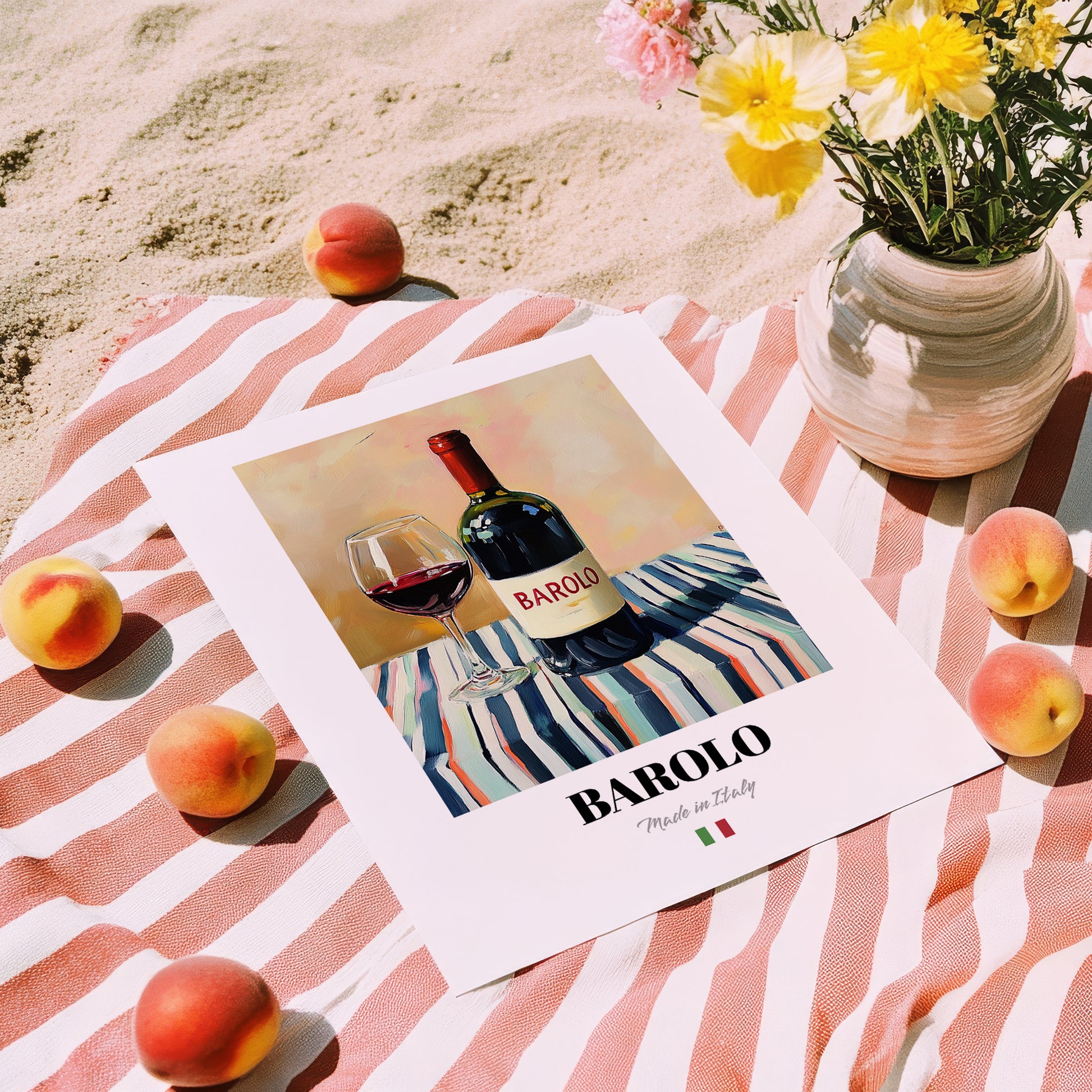 Barolo – Italian Red Wine, Wine Bar Print, unframed on coastal sand