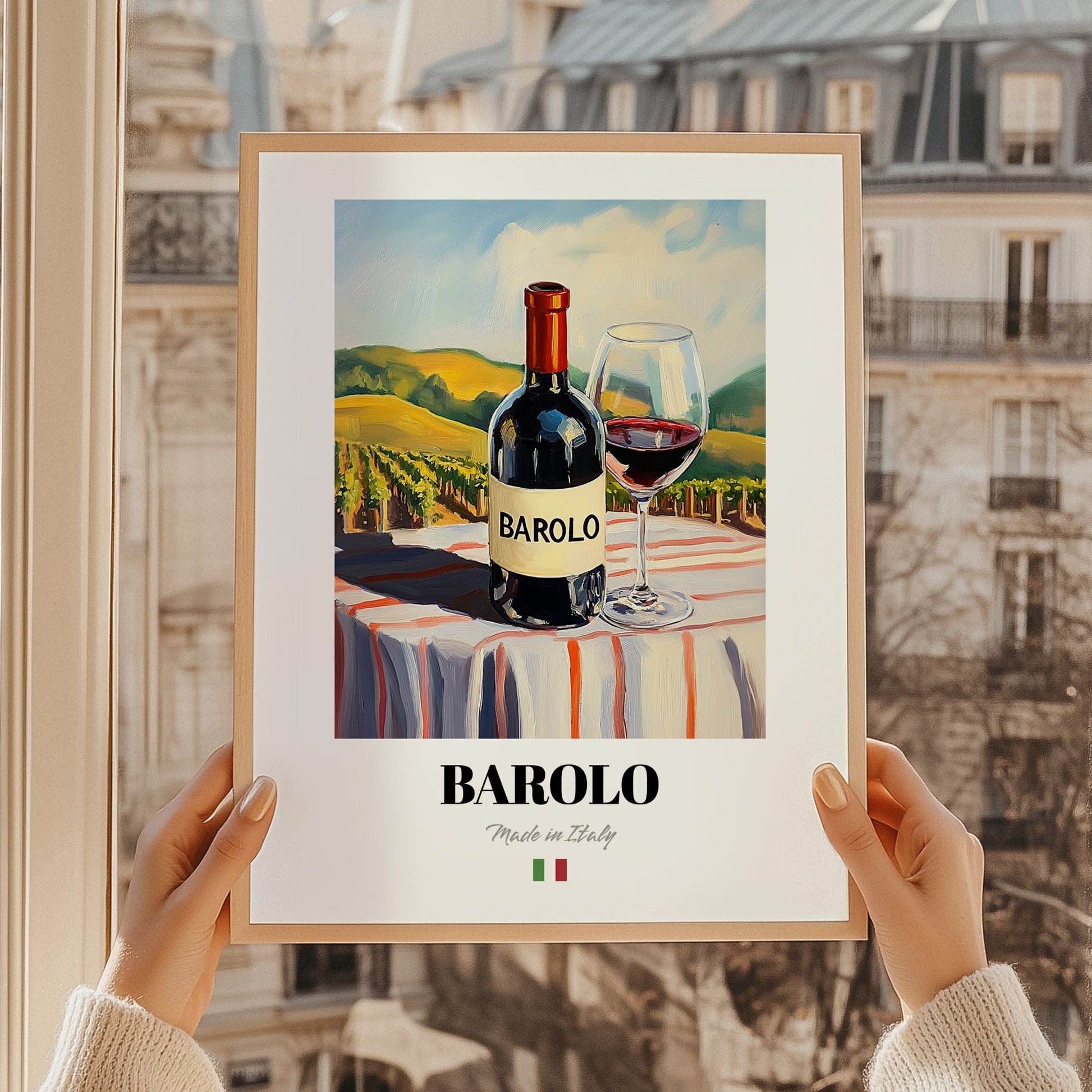 Barolo – Italian Red Wine, Wine Bar Poster, styled in a charming Paris street view