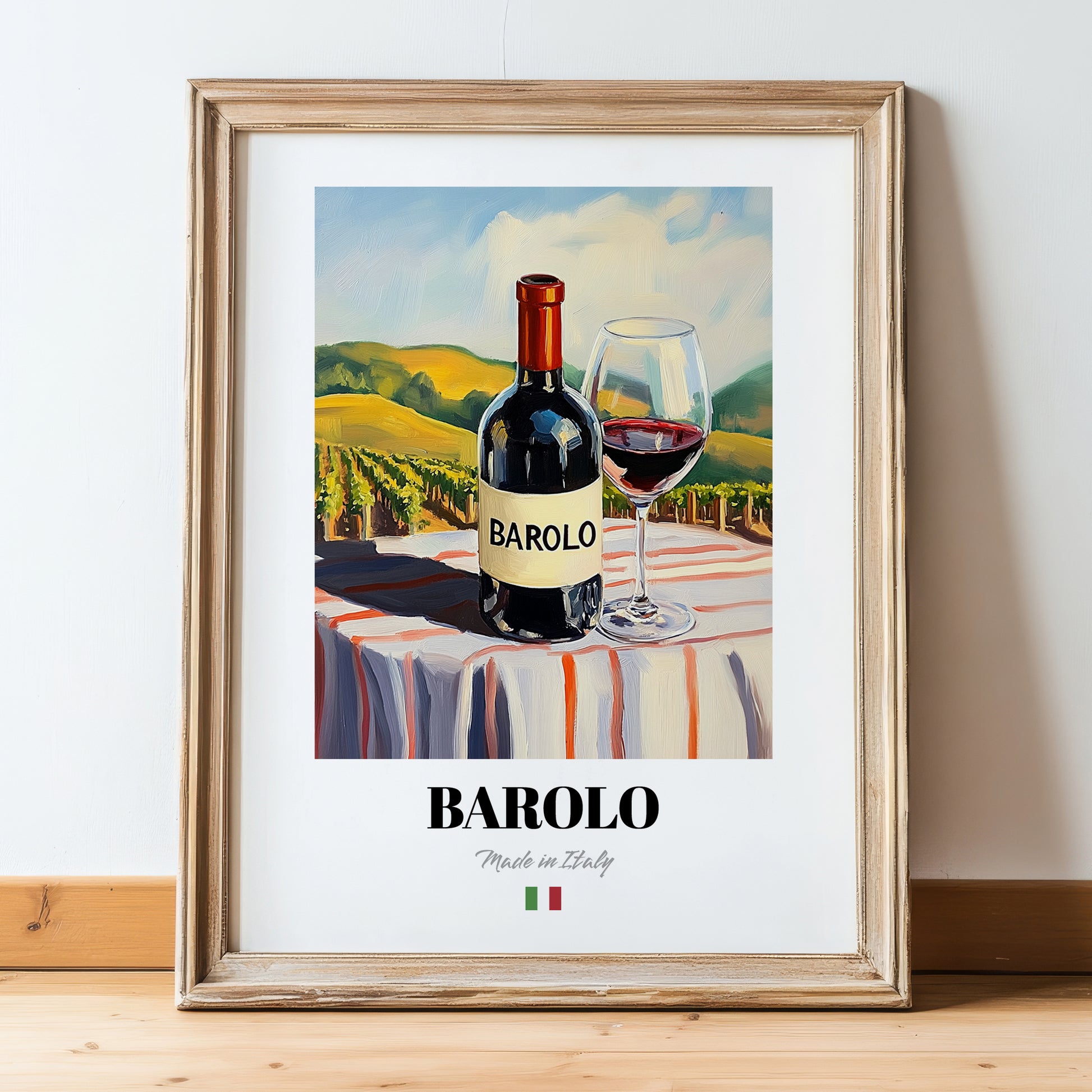 Barolo – Italian Red Wine, Wine Bar Poster, in wooden frame leaning on the floor
