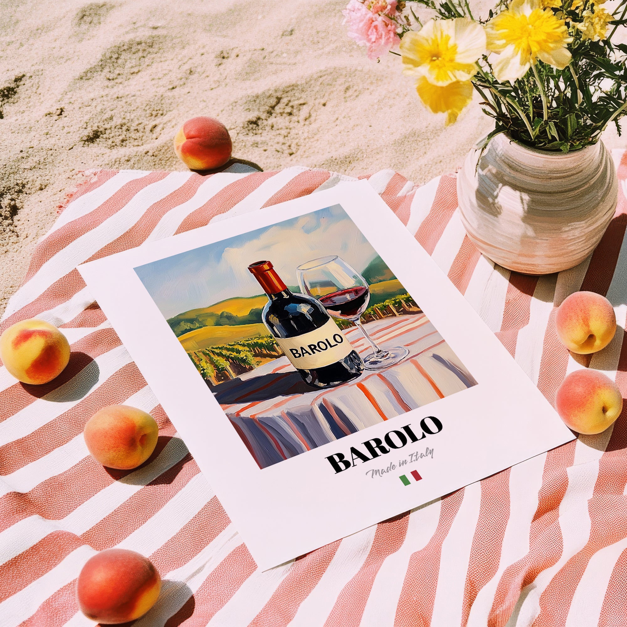 Barolo – Italian Red Wine, Wine Bar Poster, unframed on coastal sand