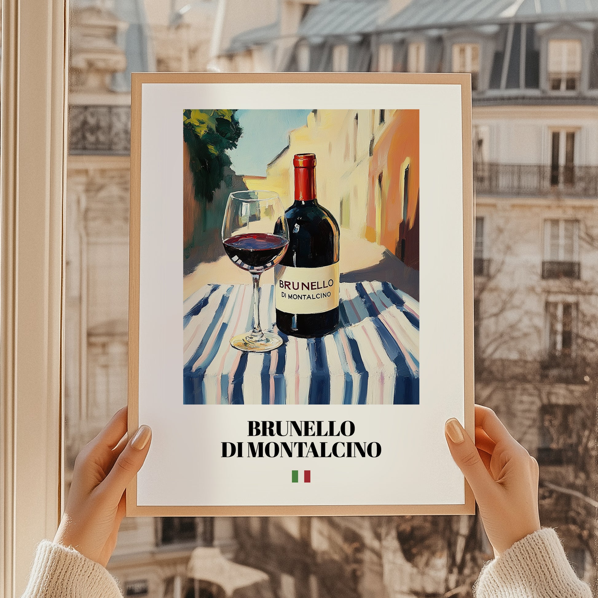 Brunello di Montalcino – Italian Red Wine, Enoteca Poster, styled in a charming Paris street view