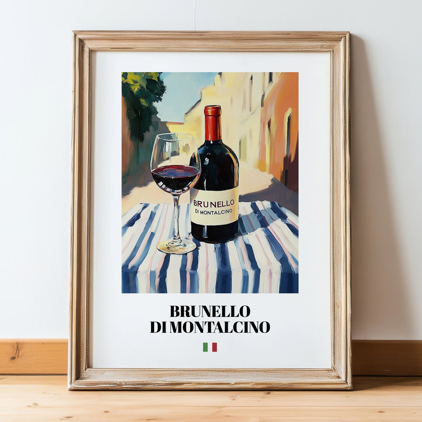 Brunello di Montalcino – Italian Red Wine, Enoteca Poster, in wooden frame leaning on the floor