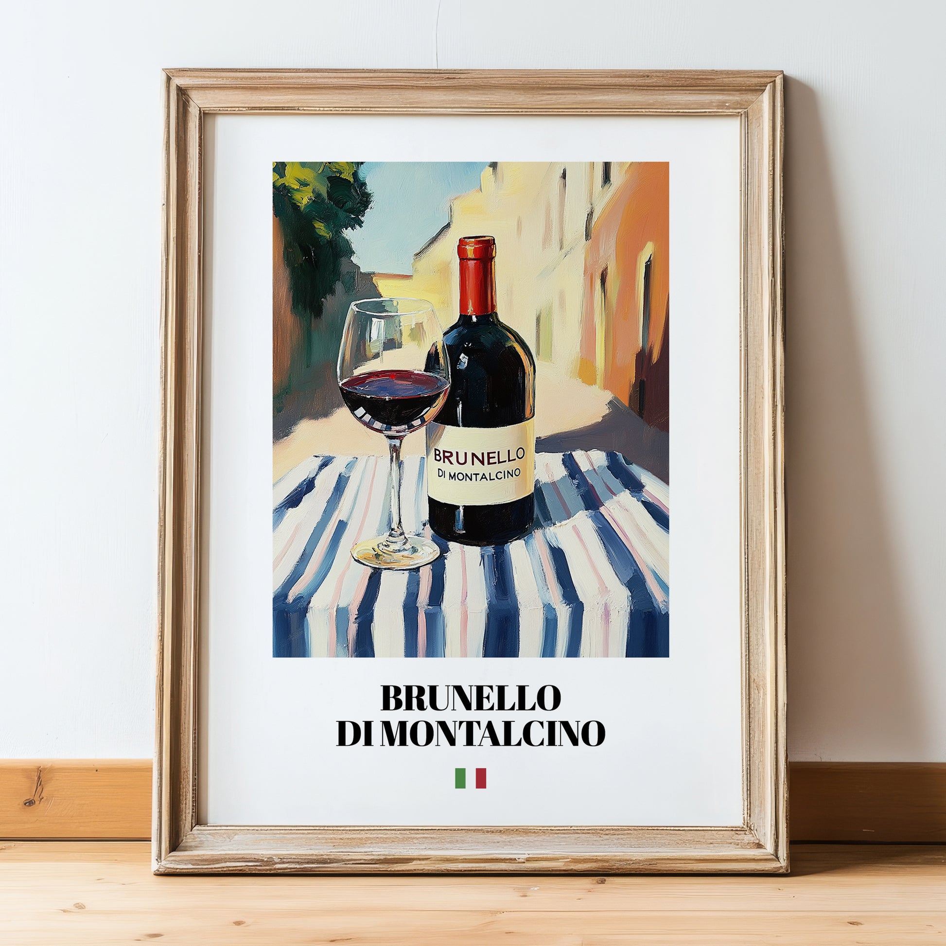 Brunello di Montalcino – Italian Red Wine, Enoteca Poster, in wooden frame leaning on the floor