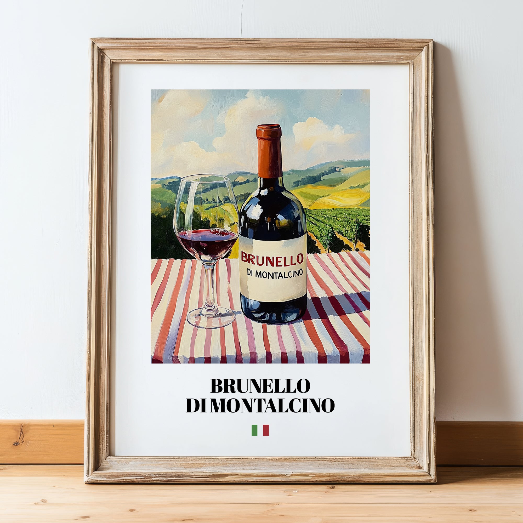 Brunello di Montalcino – Italian Red Wine, Vineyard Terrace Still Life, in wooden frame leaning on the floor