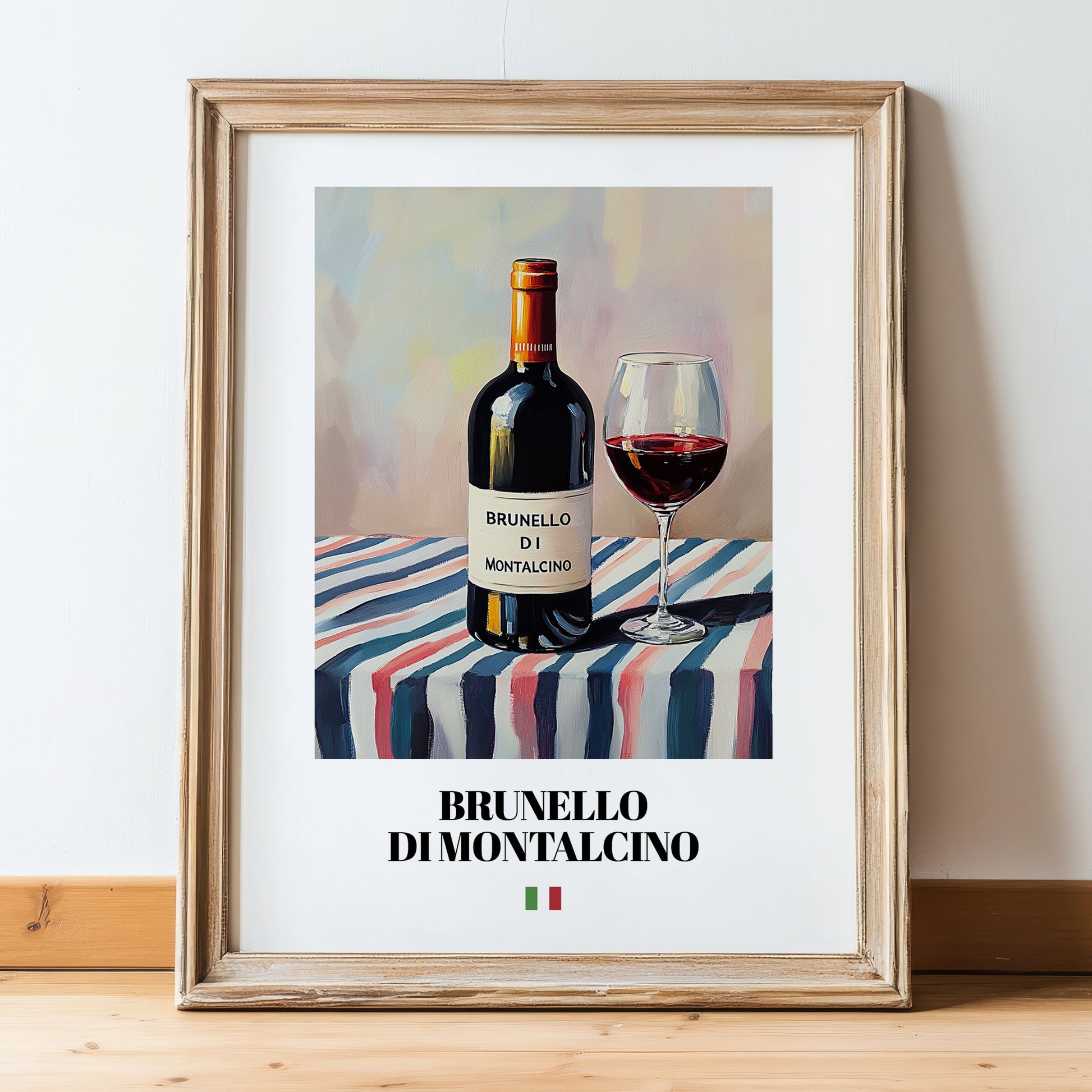 Brunello di Montalcino – Italian Red Wine, Vineyard Terrace Print, in wooden frame leaning on the floor