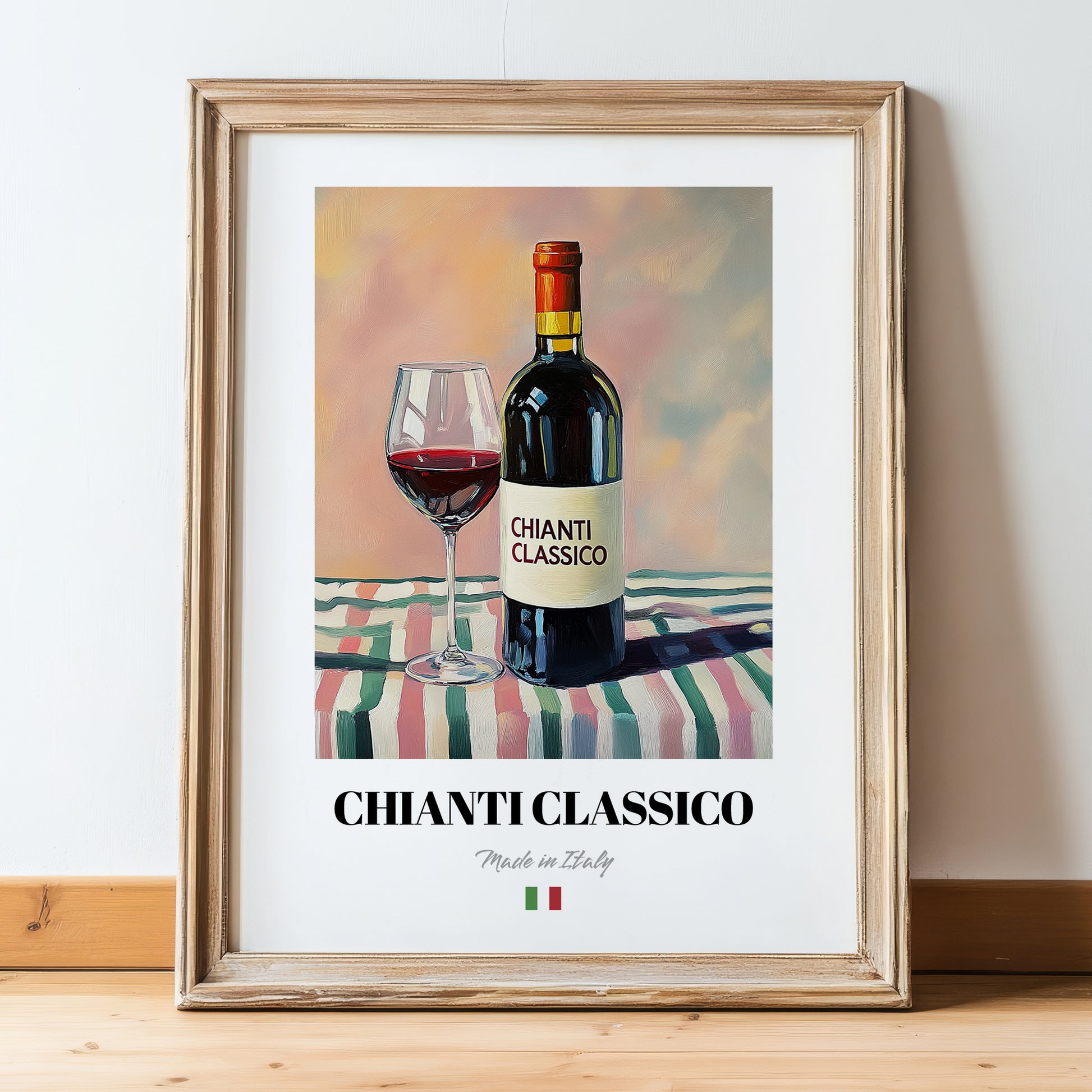 Chianti Classico – Italian Red Wine, Wine Bar Wall Art, in wooden frame leaning on the floor