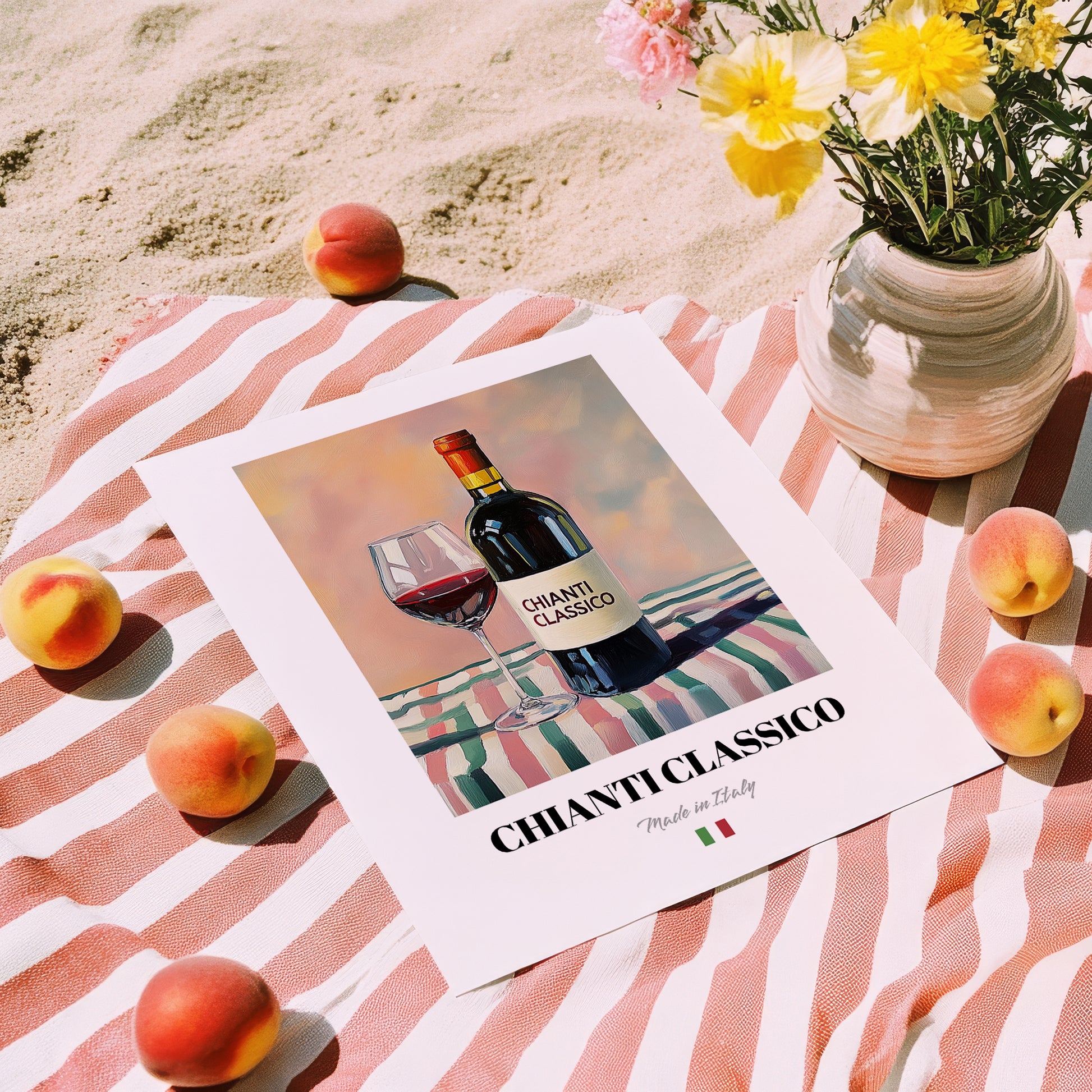 Chianti Classico – Italian Red Wine, Wine Bar Wall Art, unframed on coastal sand