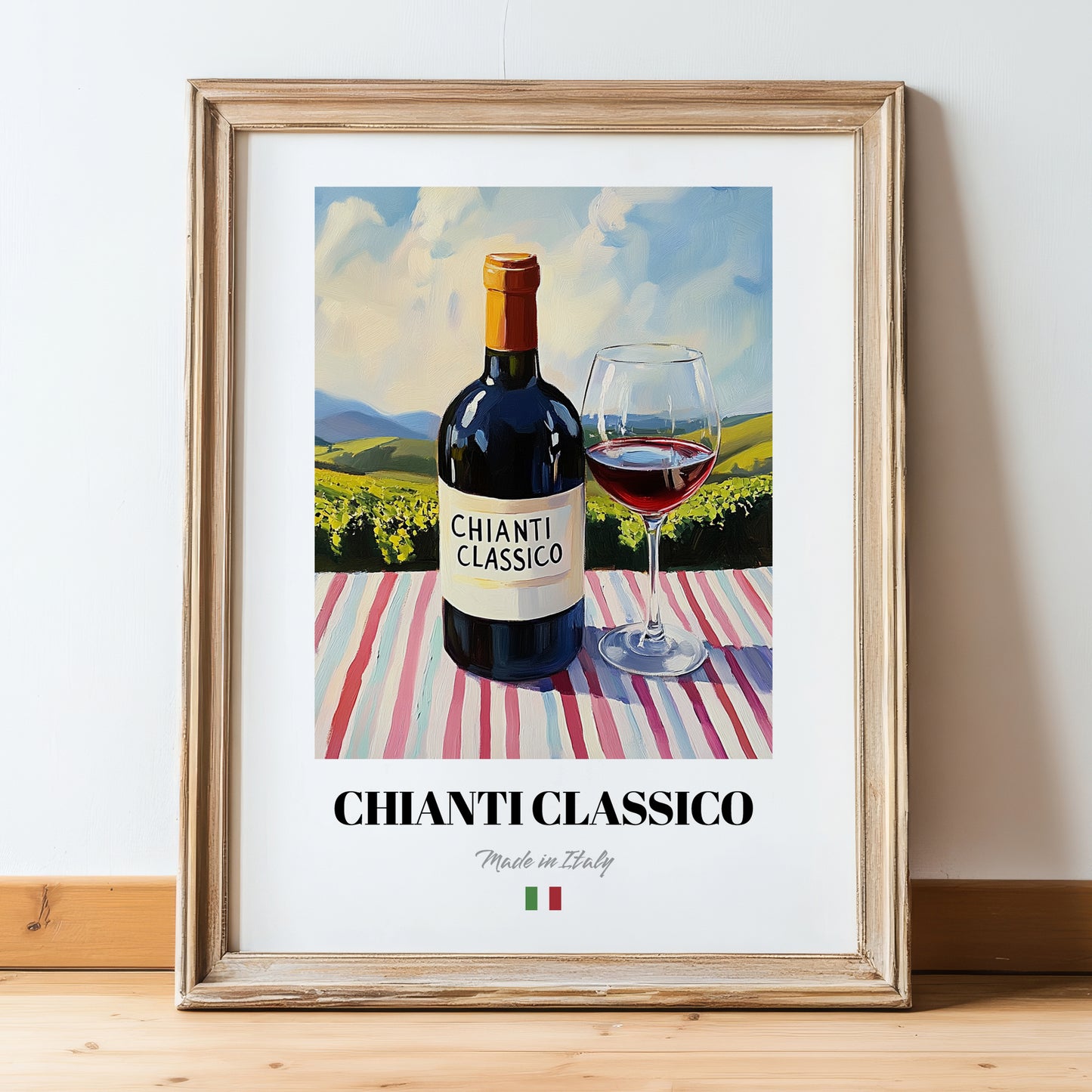 Chianti Classico – Italian Red Wine, Tasting Room Art, in wooden frame leaning on the floor