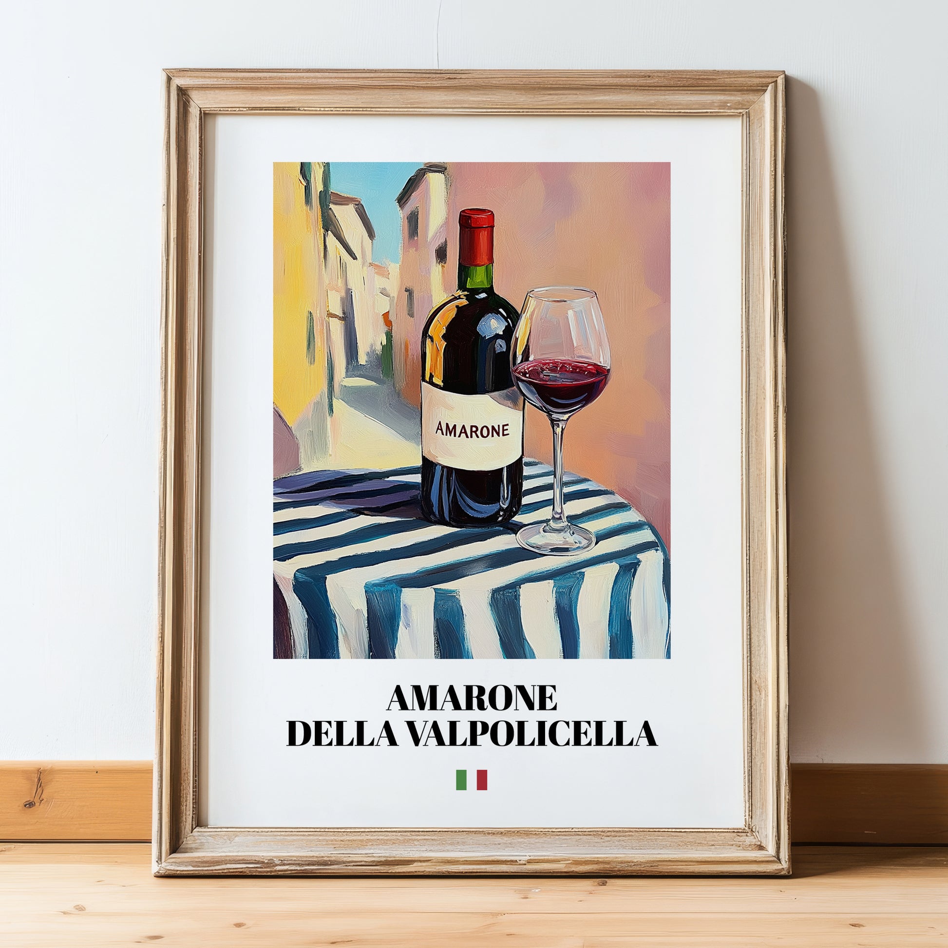 Amarone della Valpolicella – Italian Red Wine, Wine Bar Print, in wooden frame leaning on the floor