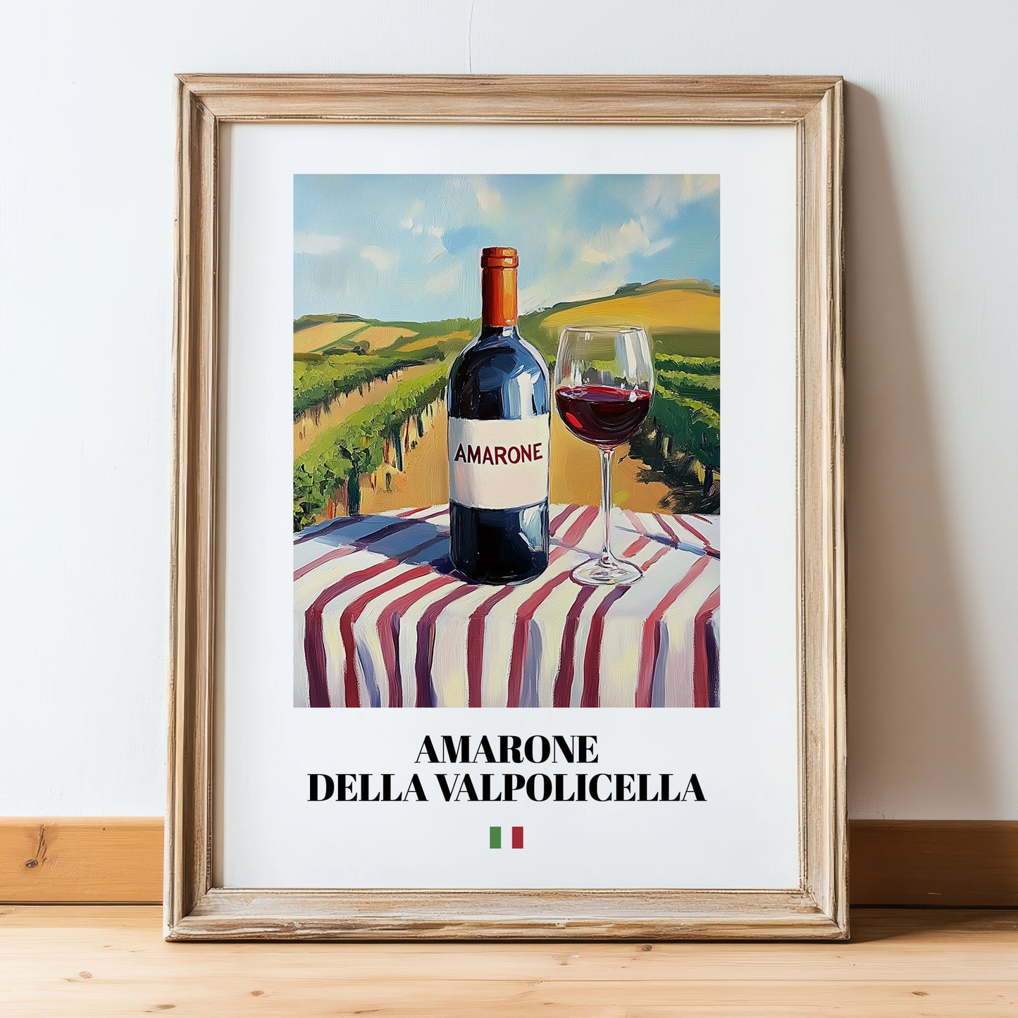 Amarone della Valpolicella – Italian Red Wine, Wine Bar Still Life, in wooden frame leaning on the floor