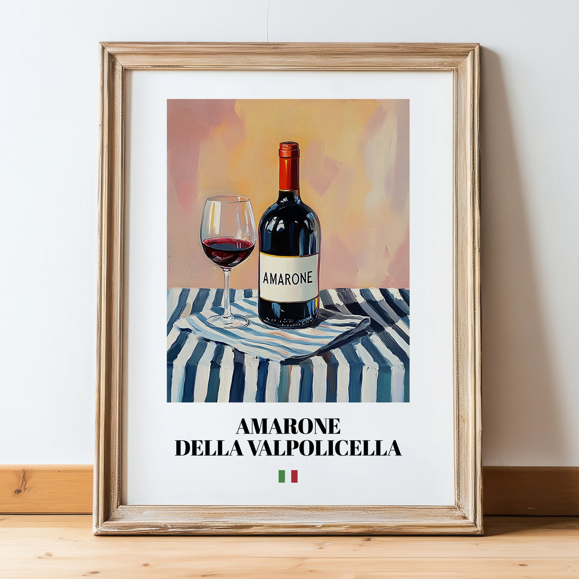 Amarone della Valpolicella – Italian Red Wine, Tasting Room Still Life, in wooden frame leaning on the floor