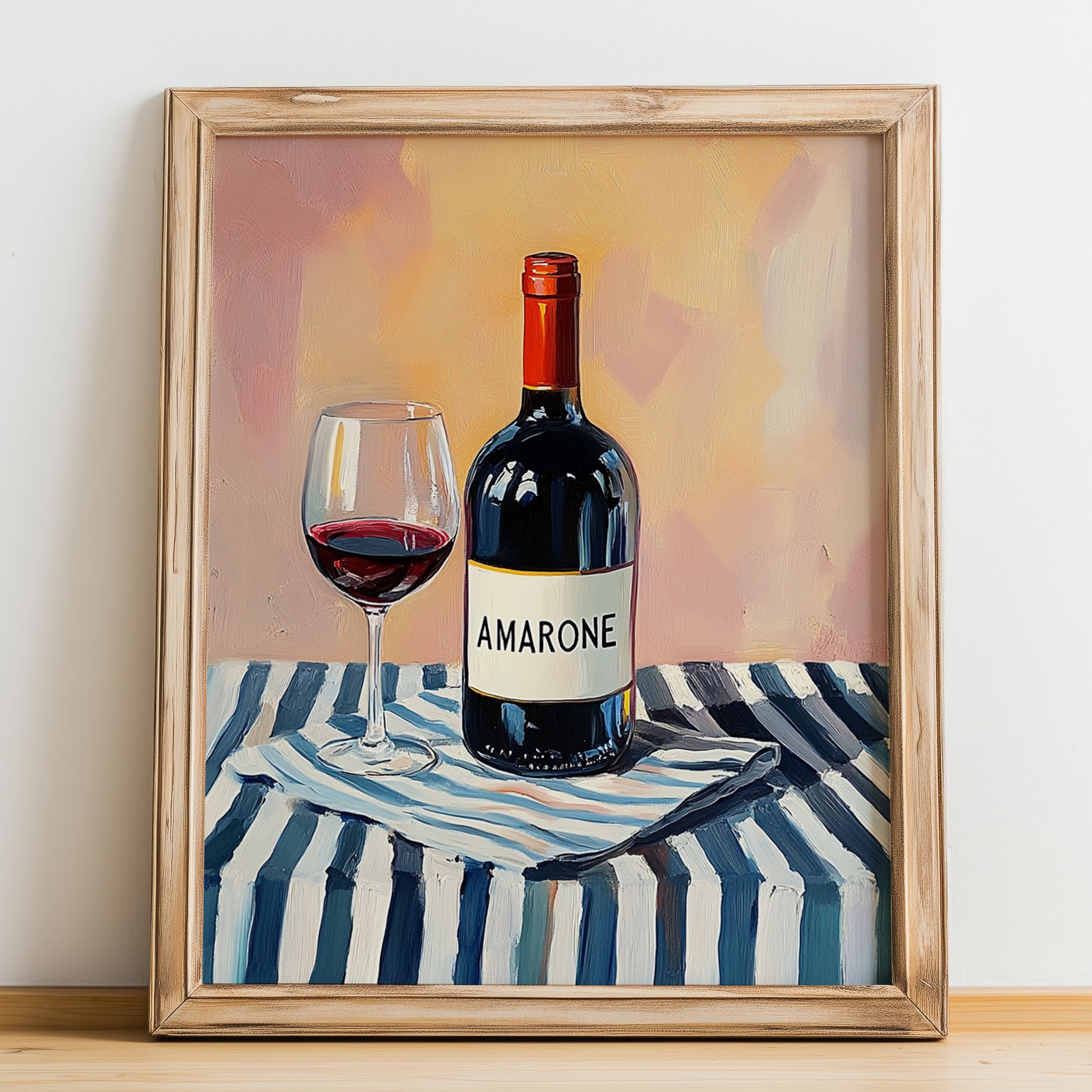 Amarone della Valpolicella – Italian Red Wine, Tasting Room Still Life, no-text version framed in wood