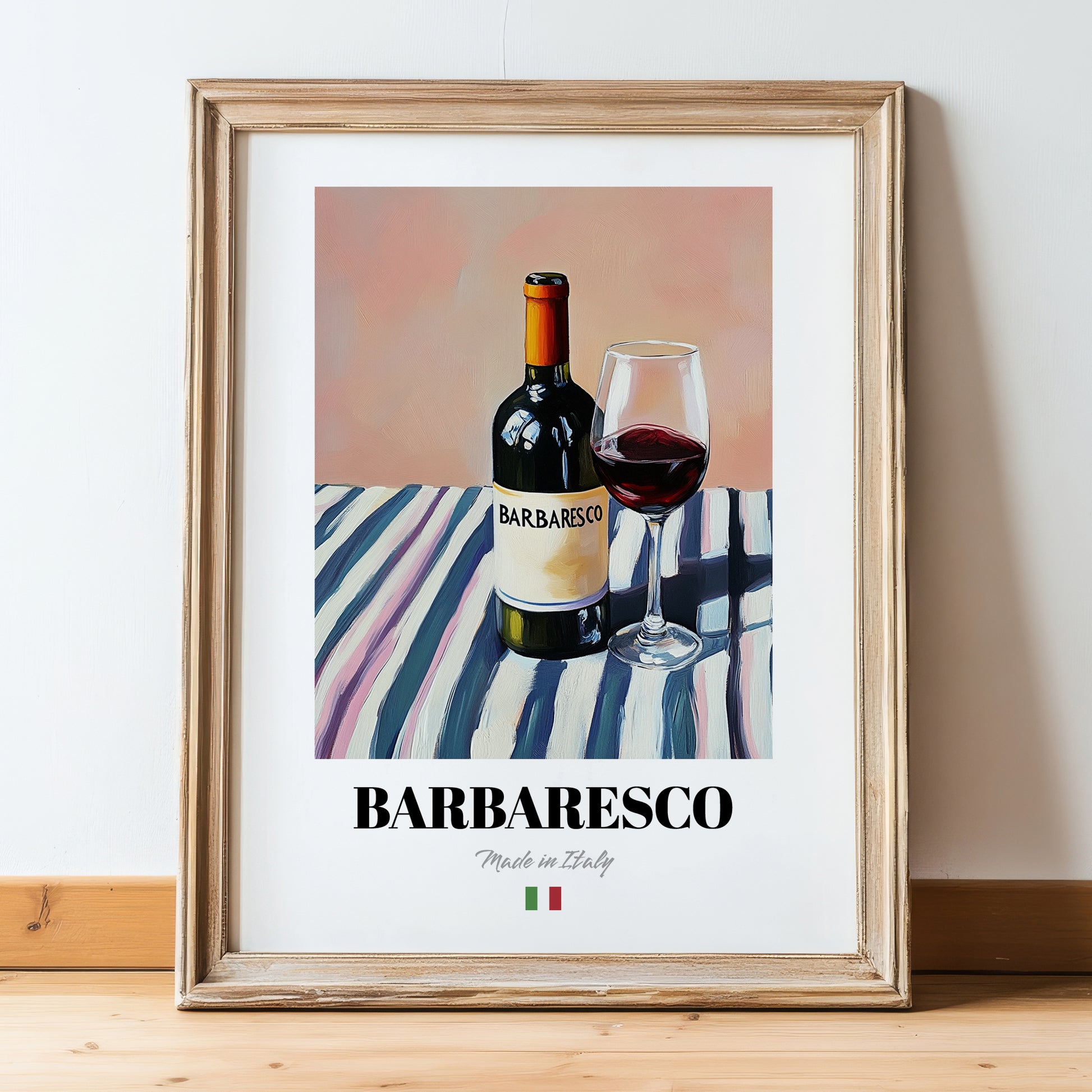 Barbaresco – Italian Red Wine, Vinoteca Wall Art, in wooden frame leaning on the floor