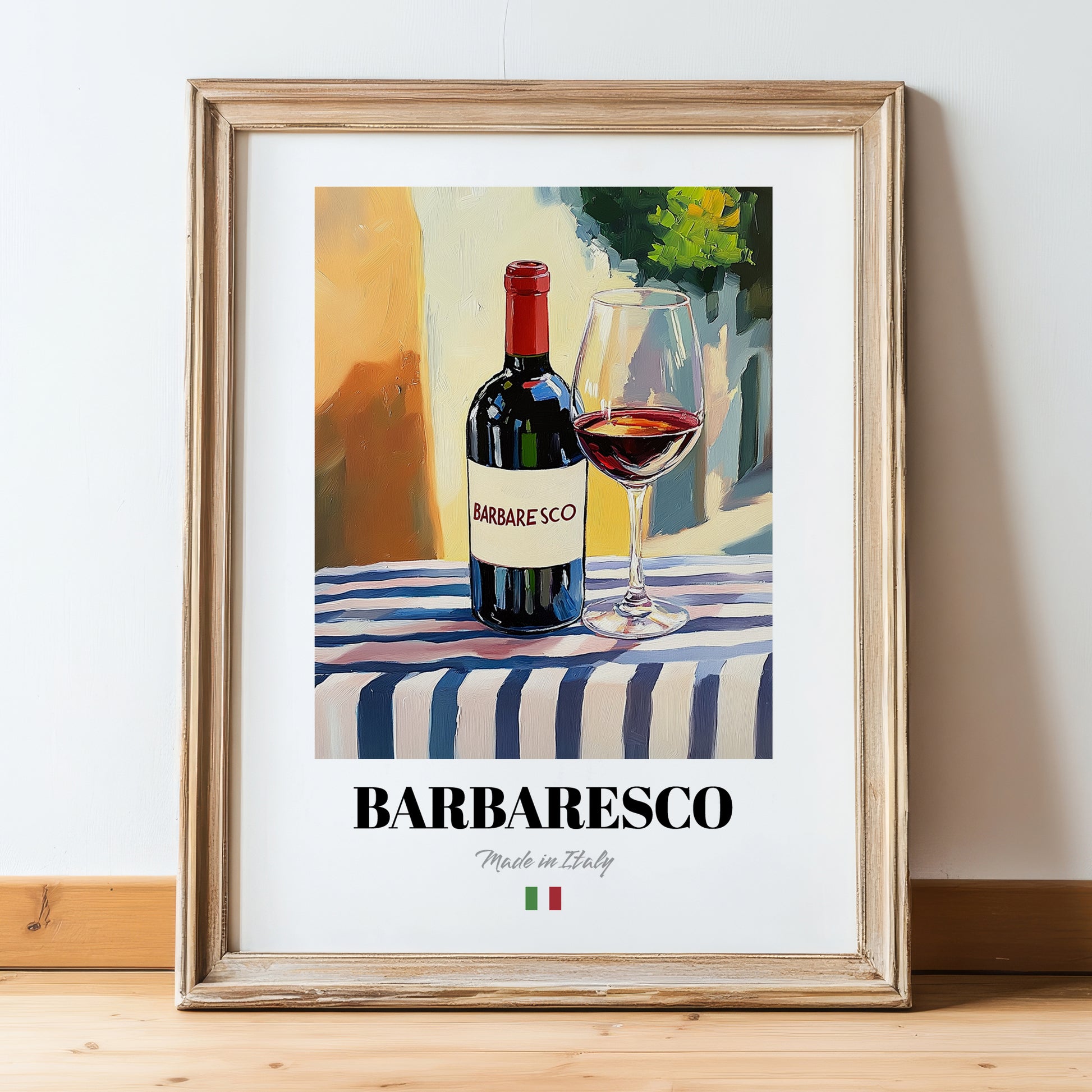 Barbaresco – Italian Red Wine, Wine Bar Poster, in wooden frame leaning on the floor