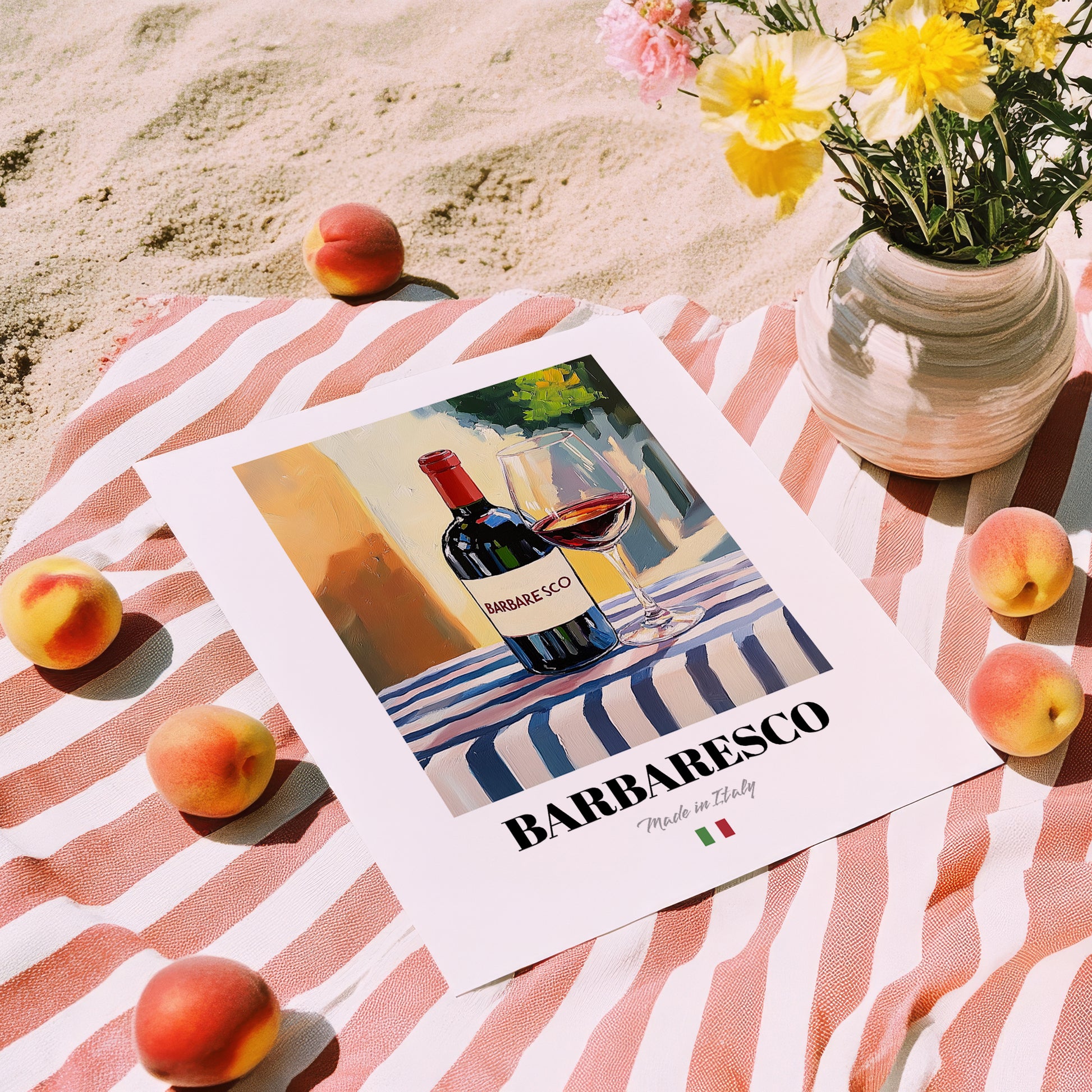 Barbaresco – Italian Red Wine, Wine Bar Poster, unframed on coastal sand
