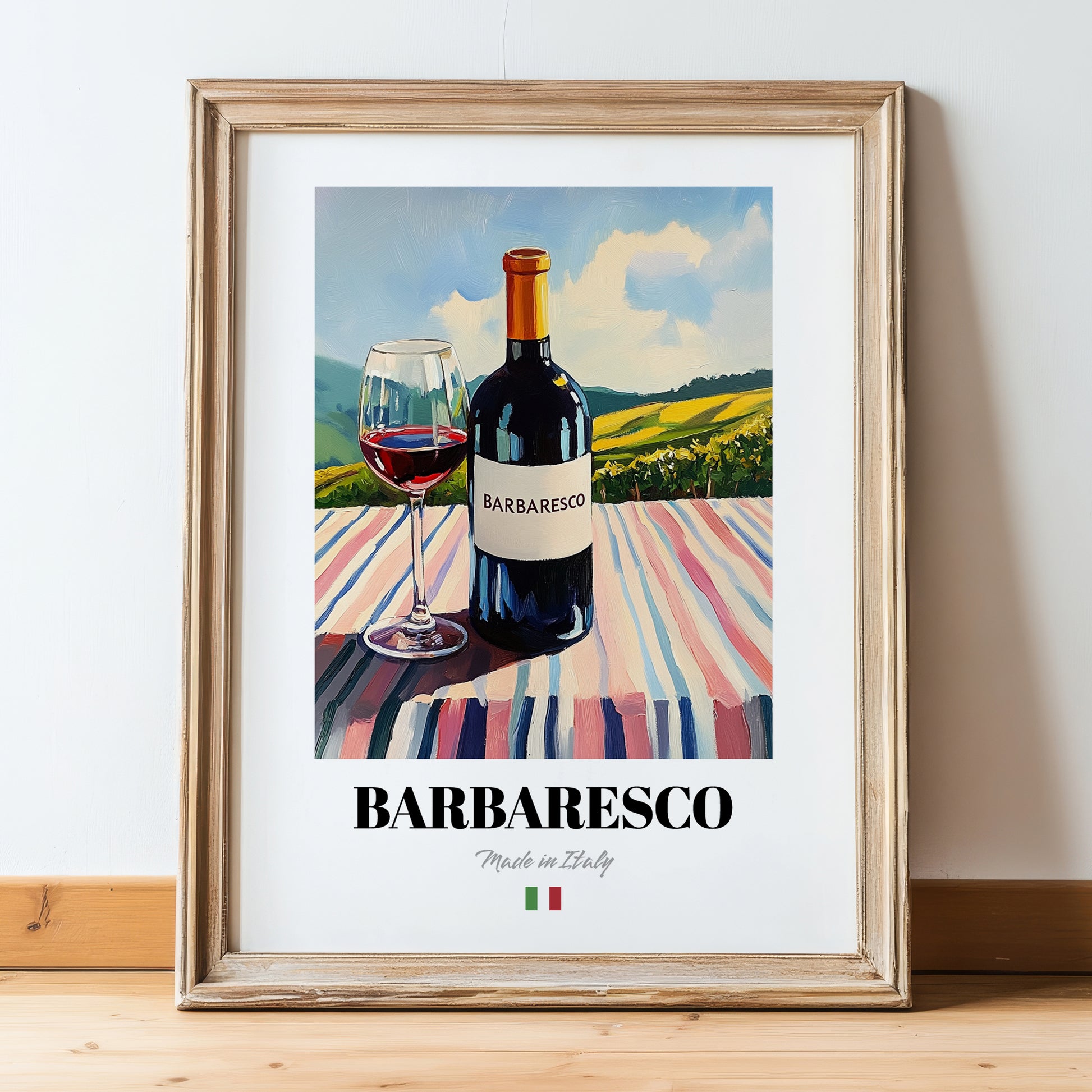 Barbaresco – Italian Red Wine, Wine Bar Still Life, in wooden frame leaning on the floor