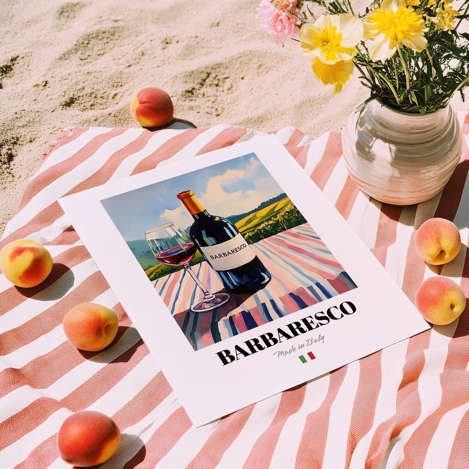 Barbaresco – Italian Red Wine, Wine Bar Still Life, unframed on coastal sand