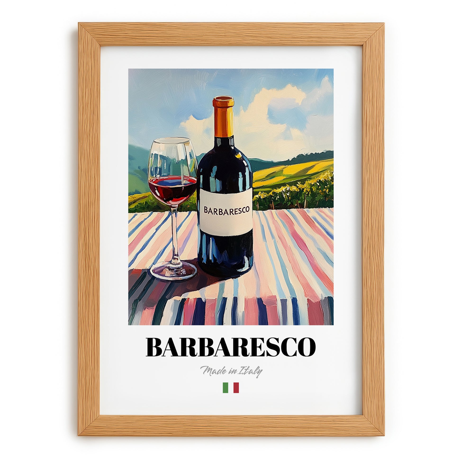Barbaresco – Italian Red Wine, Wine Bar Still Life, set in oak frame