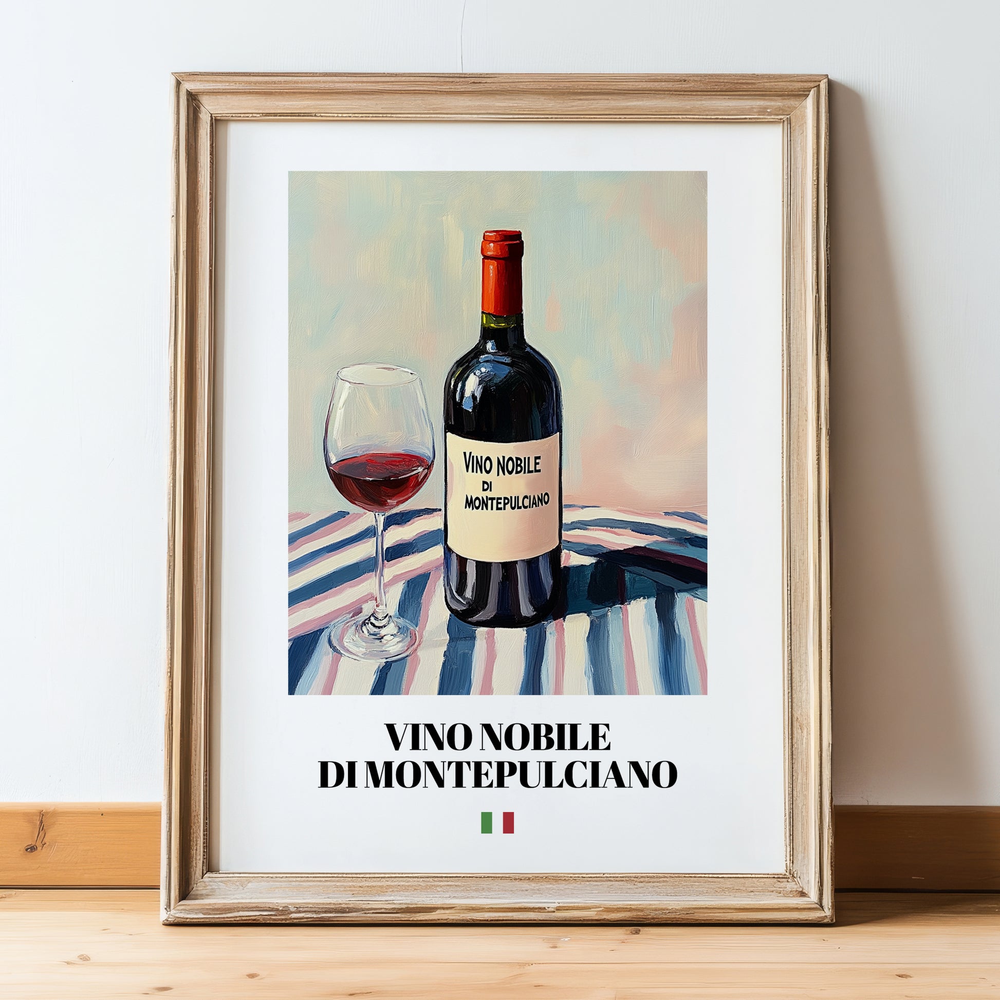Vino Nobile di Montepulciano – Italian Red Wine, Tasting Room Wall Art, in wooden frame leaning on the floor