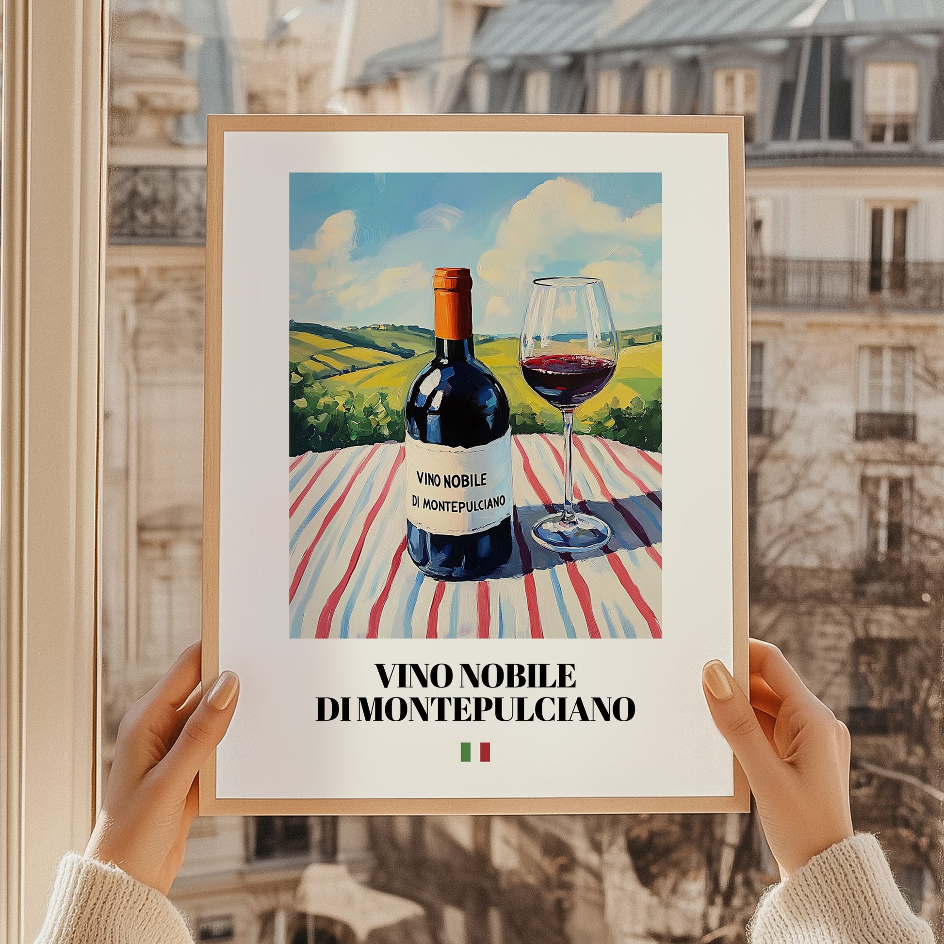 Vino Nobile di Montepulciano – Italian Red Wine, Vineyard Terrace Poster, styled in a charming Paris street view