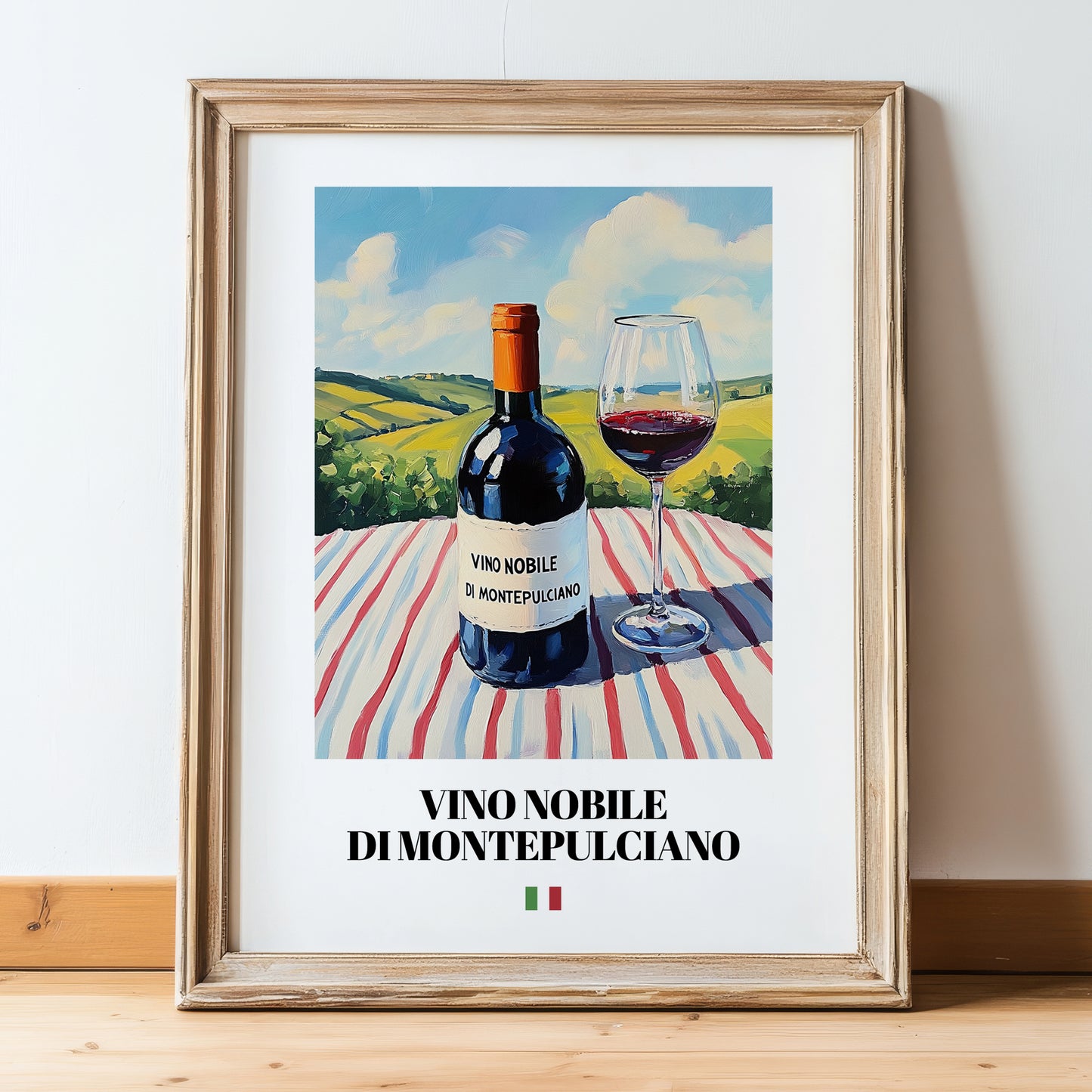 Vino Nobile di Montepulciano – Italian Red Wine, Vineyard Terrace Poster, in wooden frame leaning on the floor