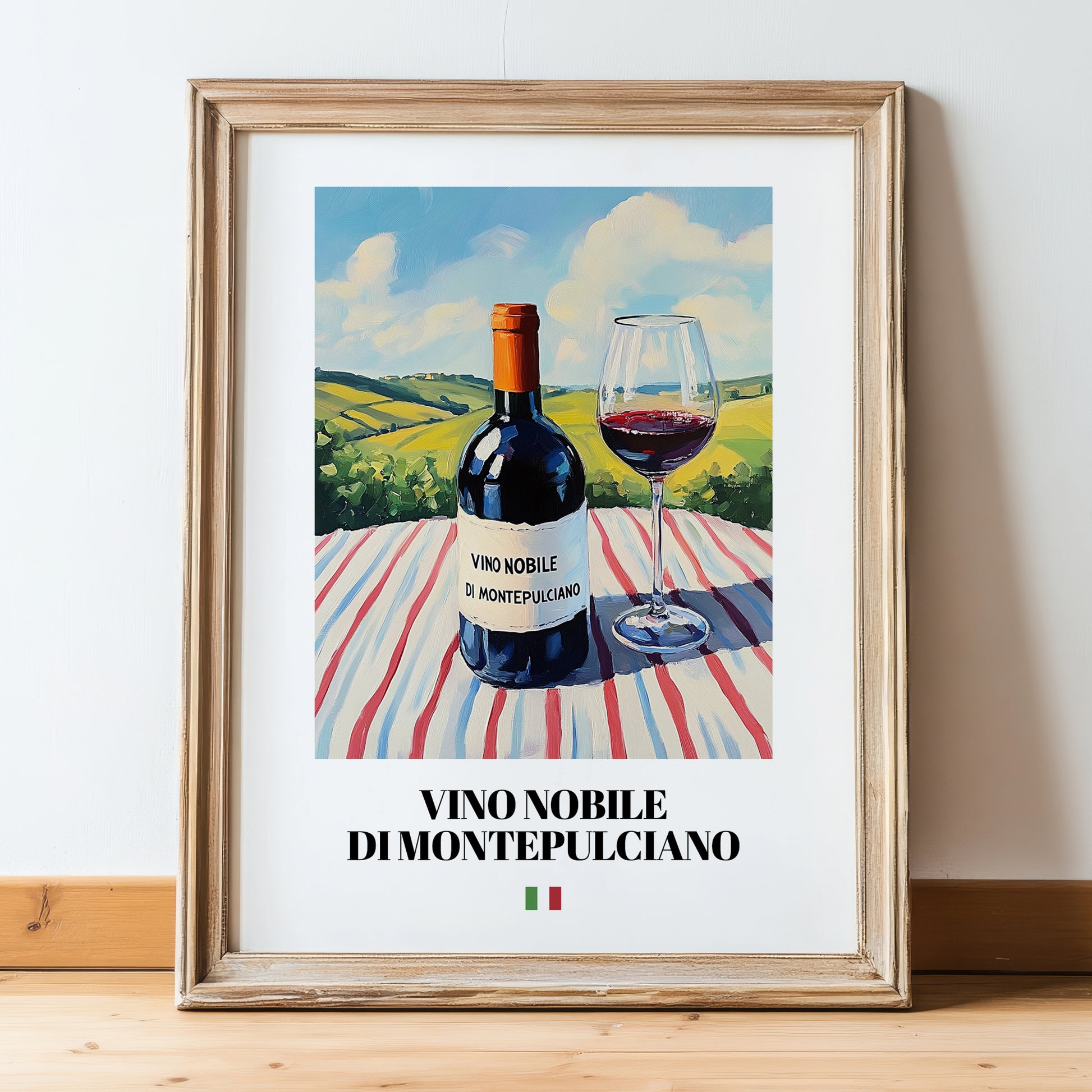 Vino Nobile di Montepulciano – Italian Red Wine, Vineyard Terrace Poster, in wooden frame leaning on the floor
