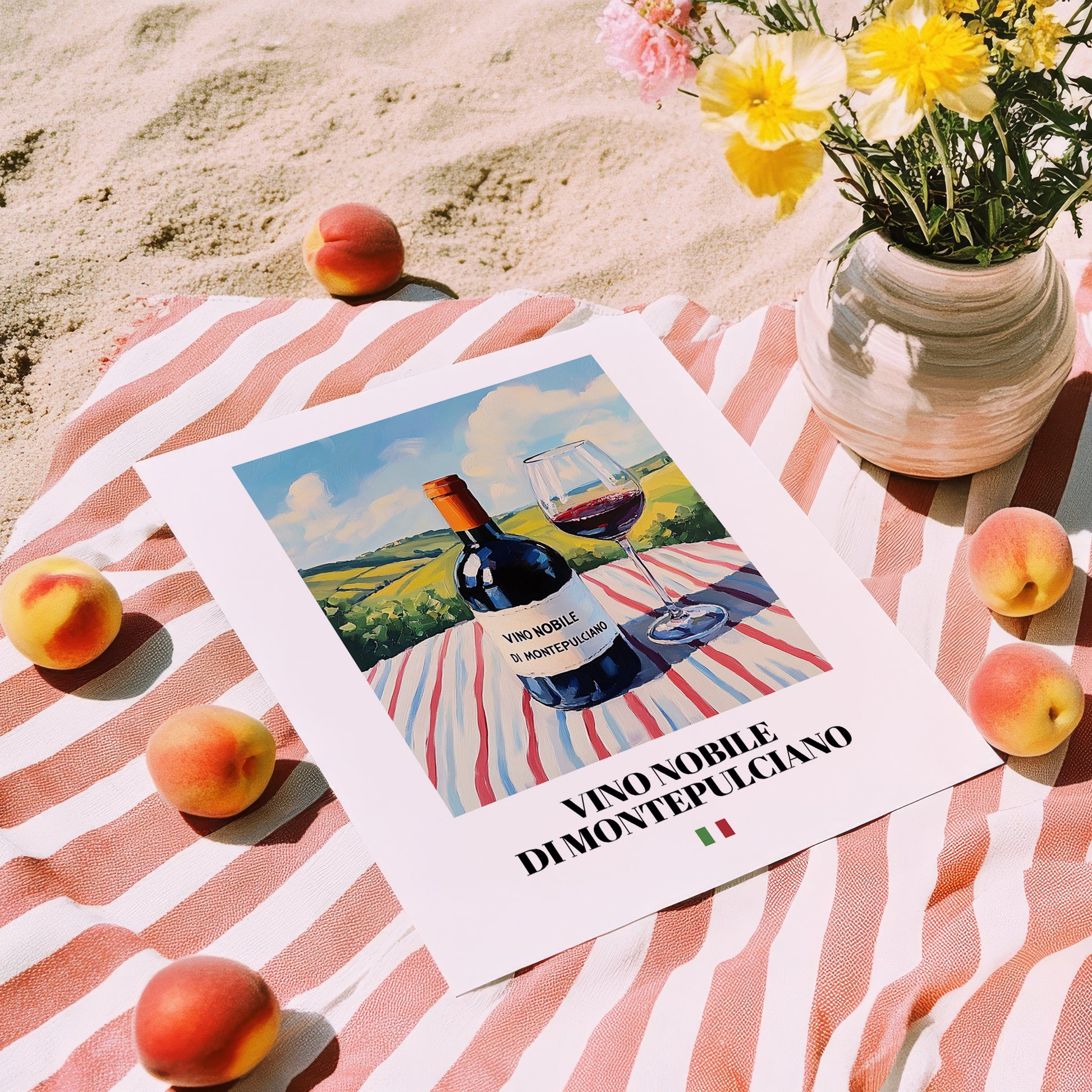 Vino Nobile di Montepulciano – Italian Red Wine, Vineyard Terrace Poster, unframed on coastal sand