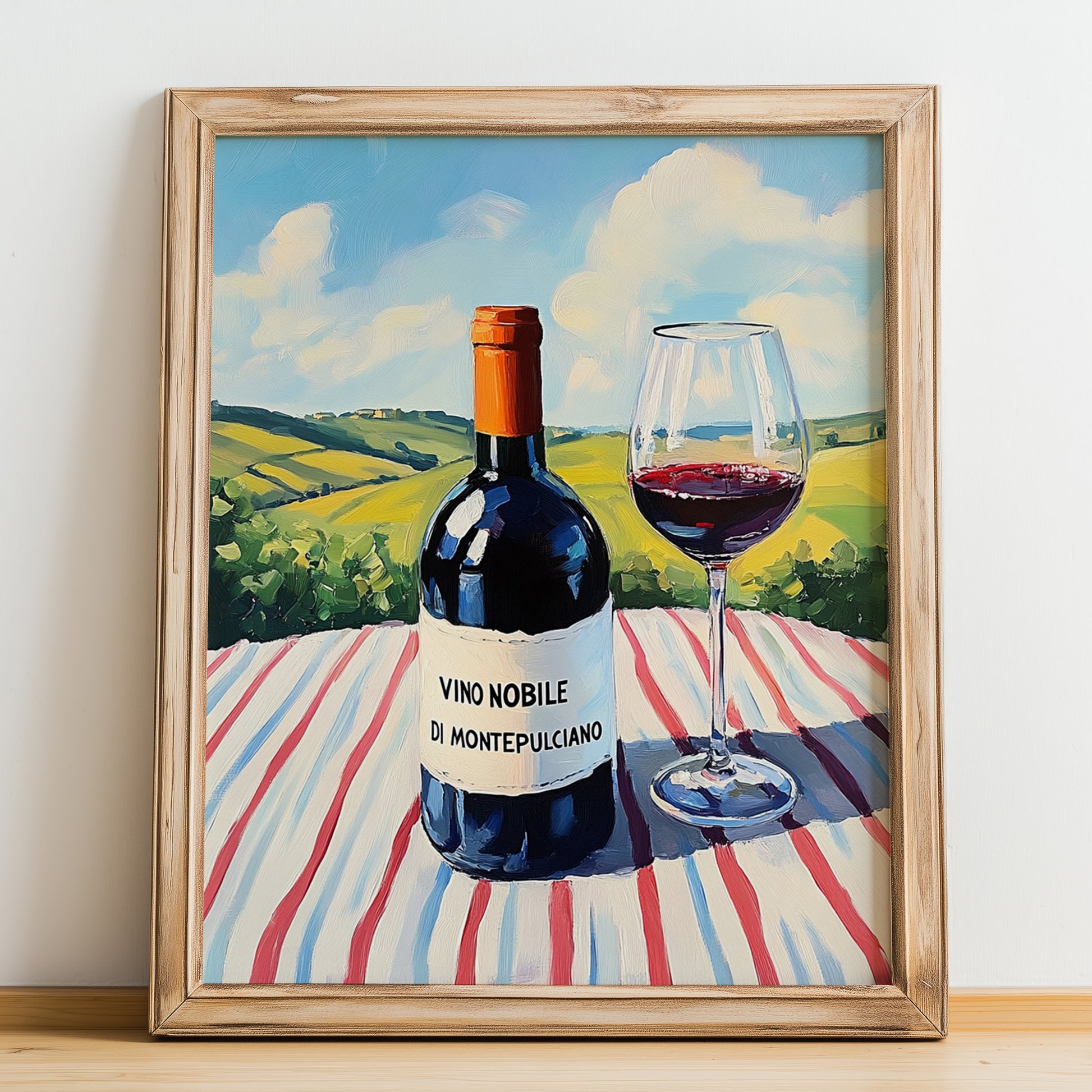 Vino Nobile di Montepulciano – Italian Red Wine, Vineyard Terrace Poster, no-text version framed in wood