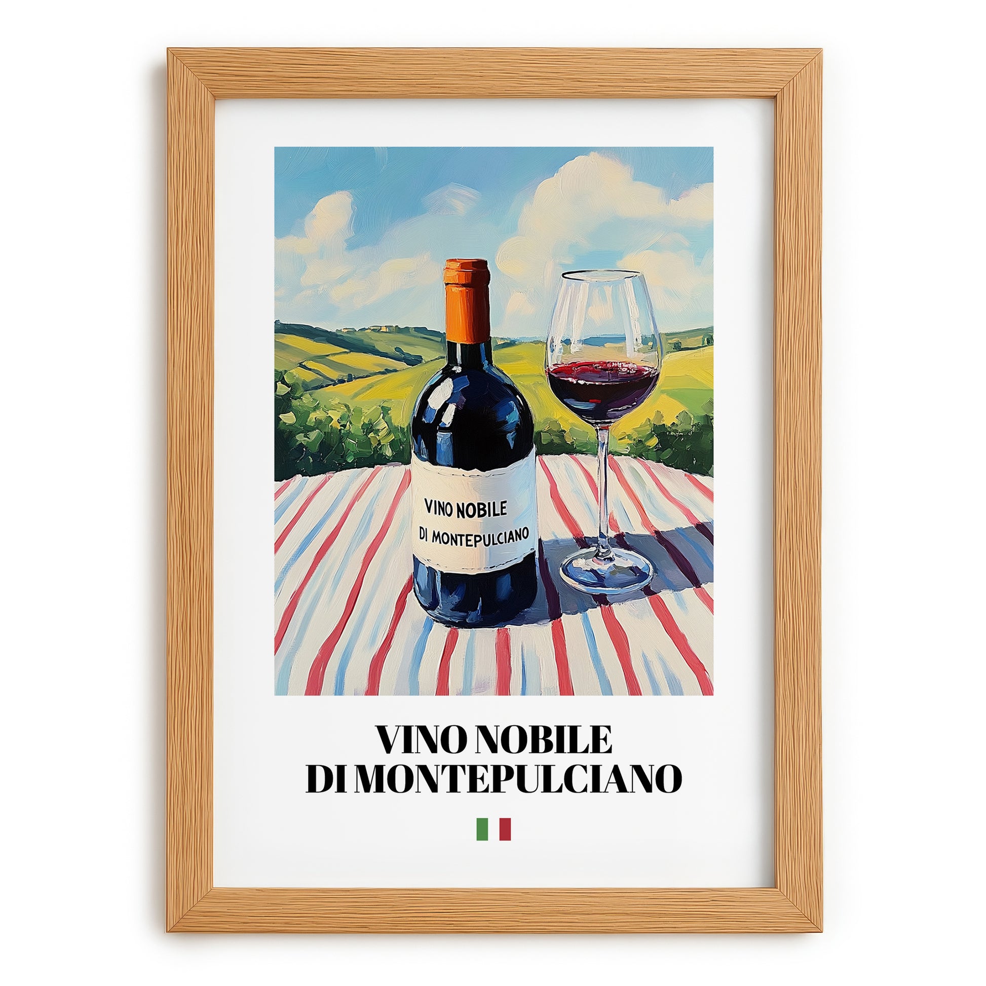 Vino Nobile di Montepulciano – Italian Red Wine, Vineyard Terrace Poster, set in oak frame