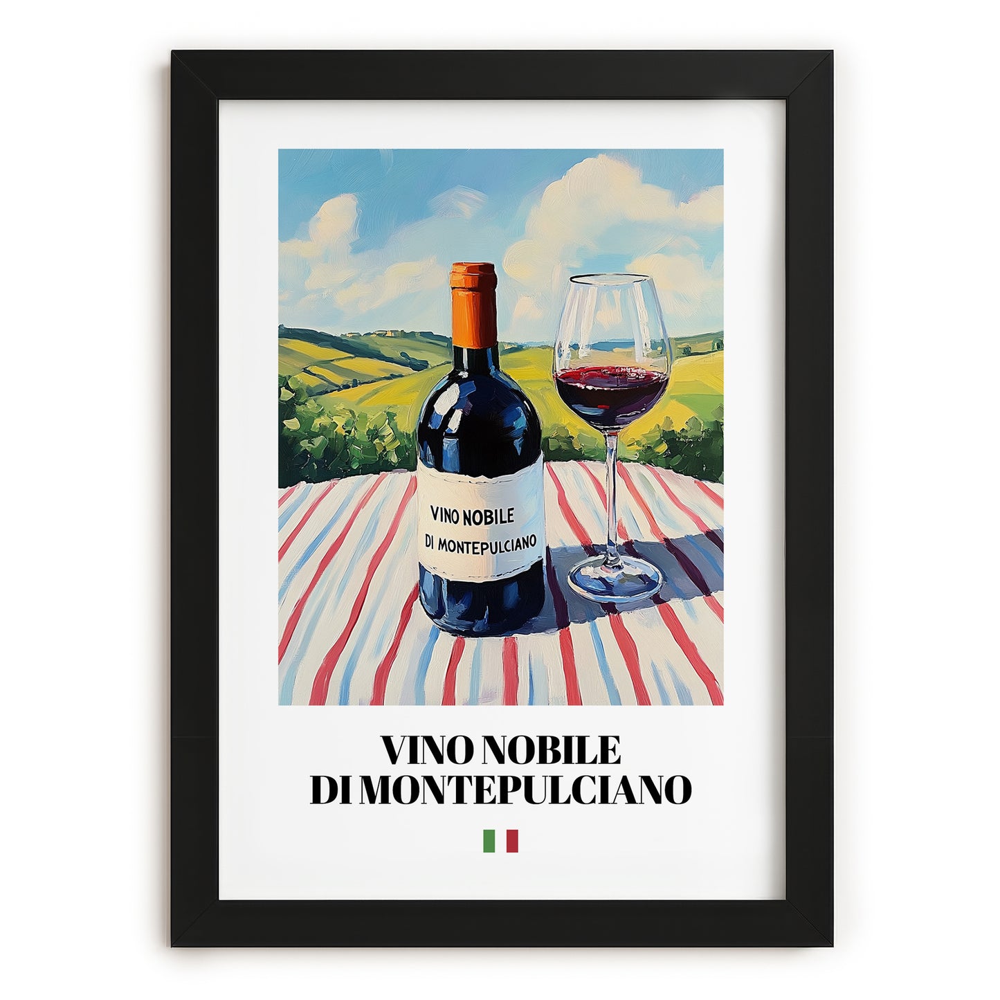 Vino Nobile di Montepulciano – Italian Red Wine, Vineyard Terrace Poster, in sleek black frame